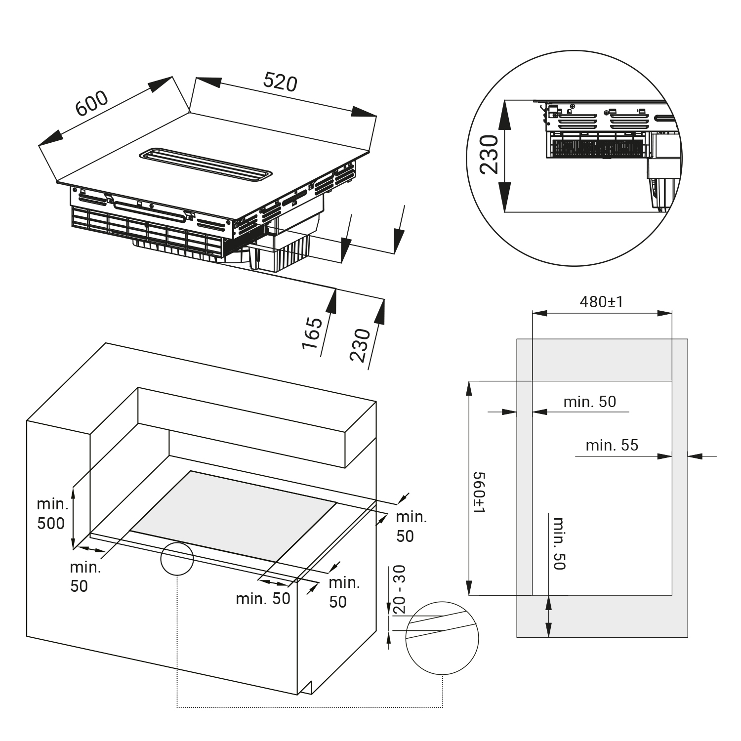 Disegno tecnico di una cappa aspirante con specifiche dimensionali per l'installazione.