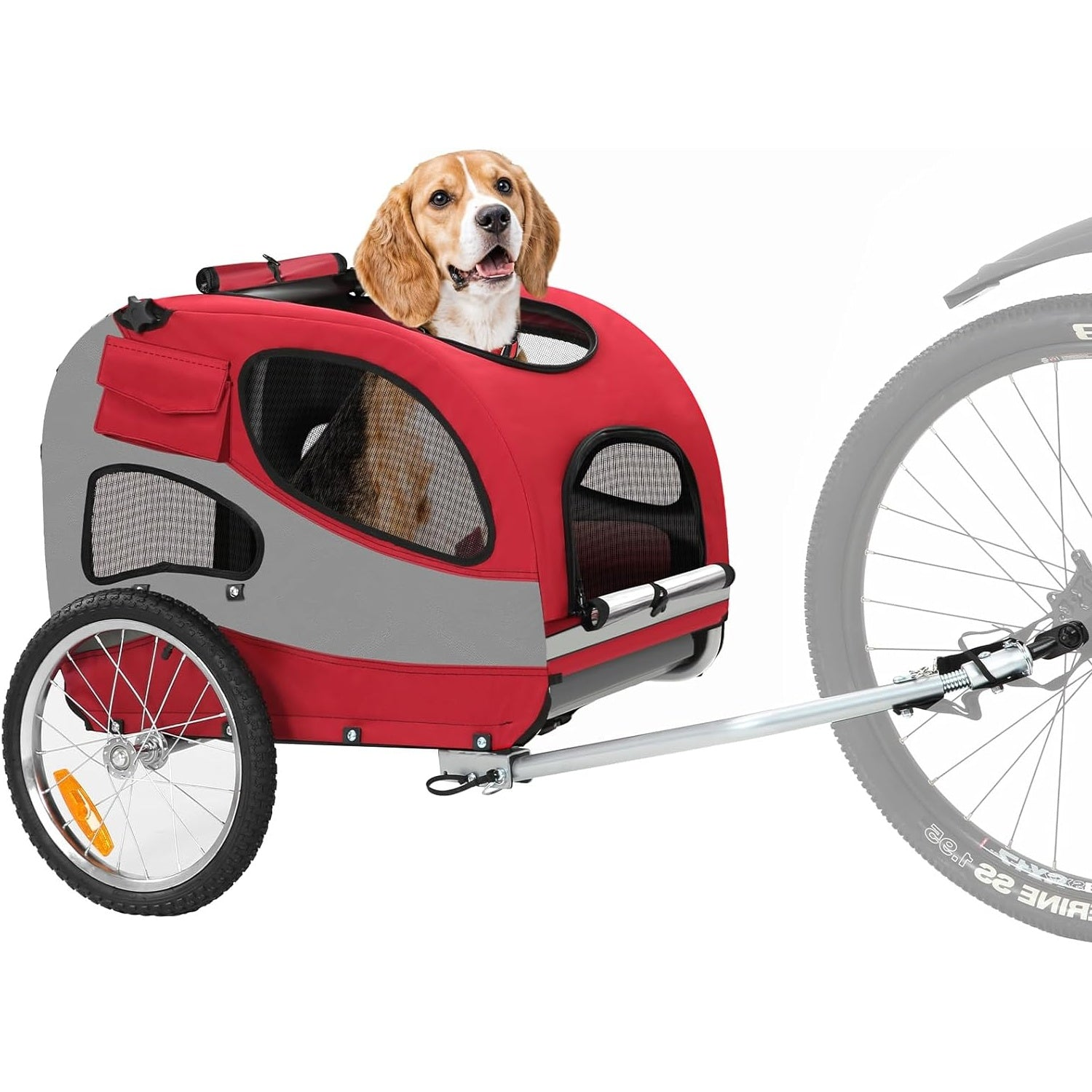 Un beagle se sienta dentro de un remolque para mascotas rojo y gris sobre fondo blanco.
