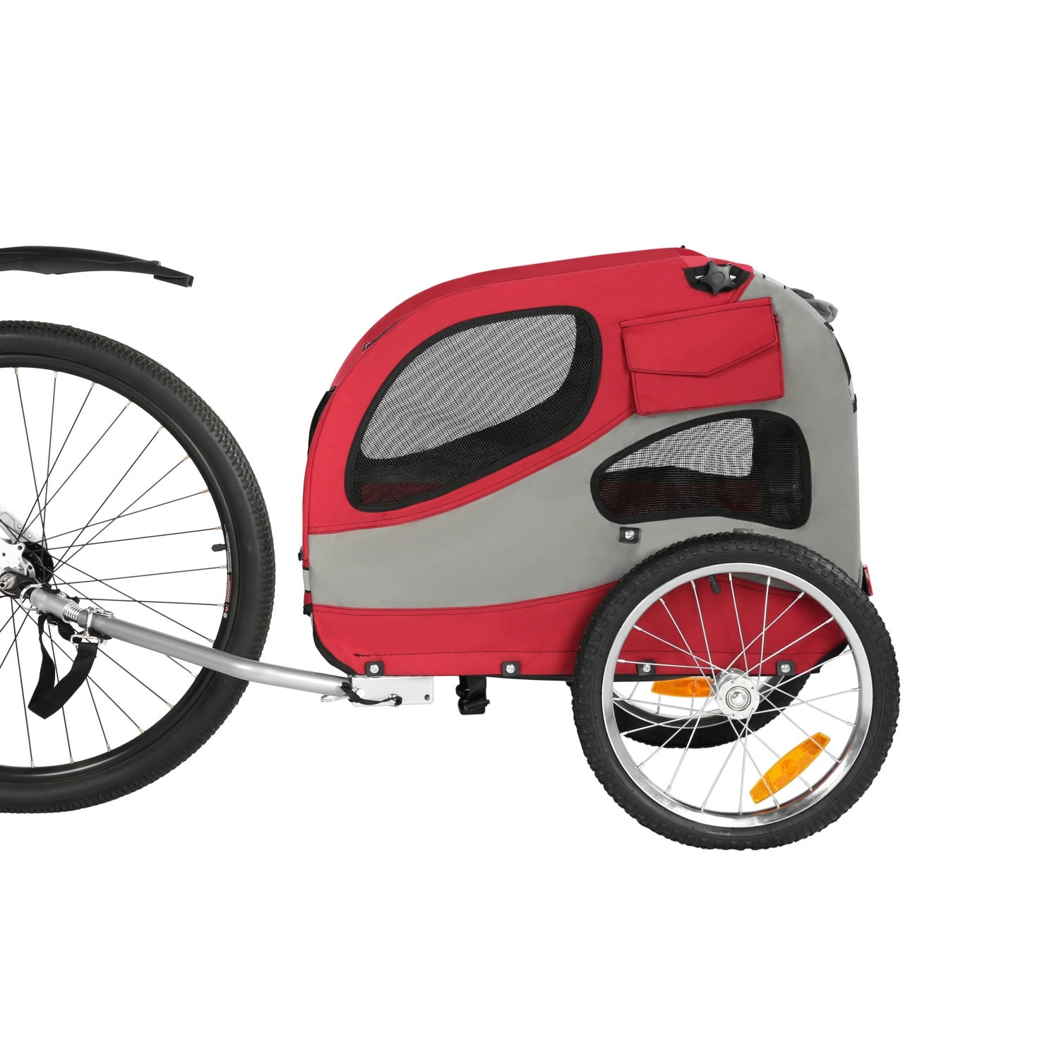 Un remolque rojo y gris para mascotas con ventanas de malla y dos ruedas, sujeto al cuadro de una bicicleta.