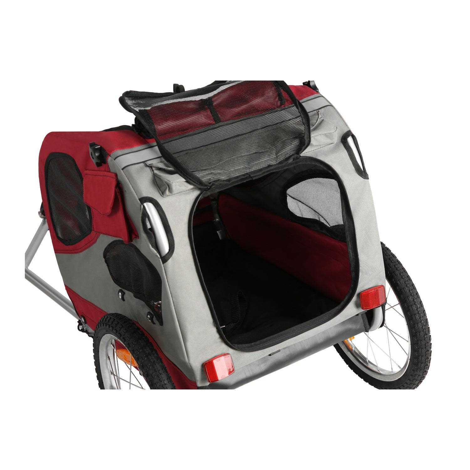 Remolque de bicicleta para mascotas rojo y gris con techo de malla abierta y puerta delantera abierta.