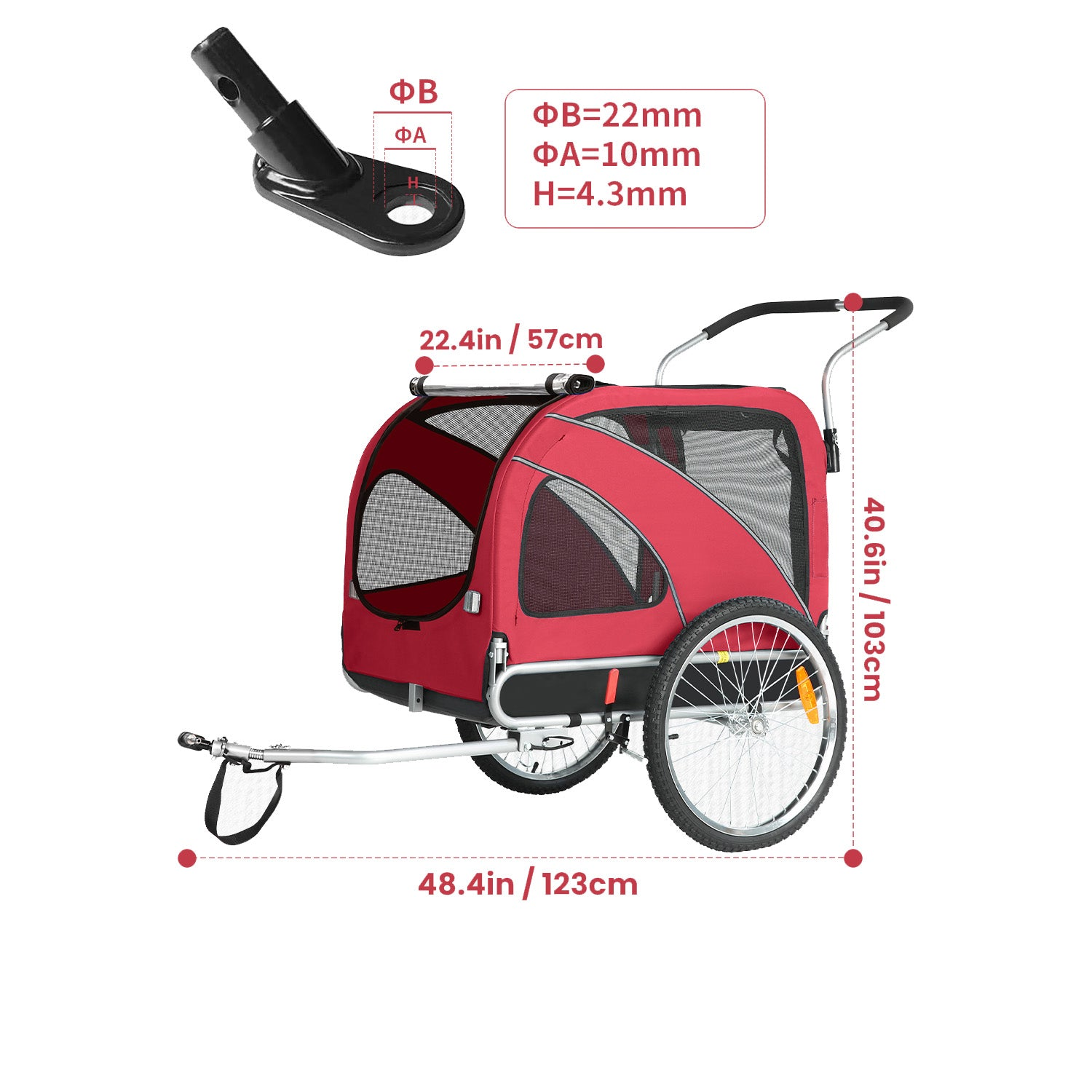 Remolque rojo para bicicleta de mascotas con dimensiones y detalle de enganche.