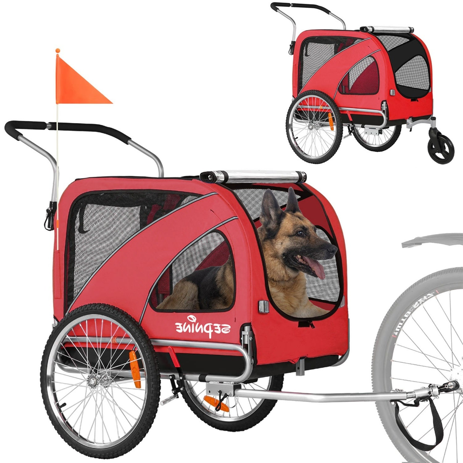 Un remolque rojo para mascotas con una rueda grande que lleva un pastor alemán.
