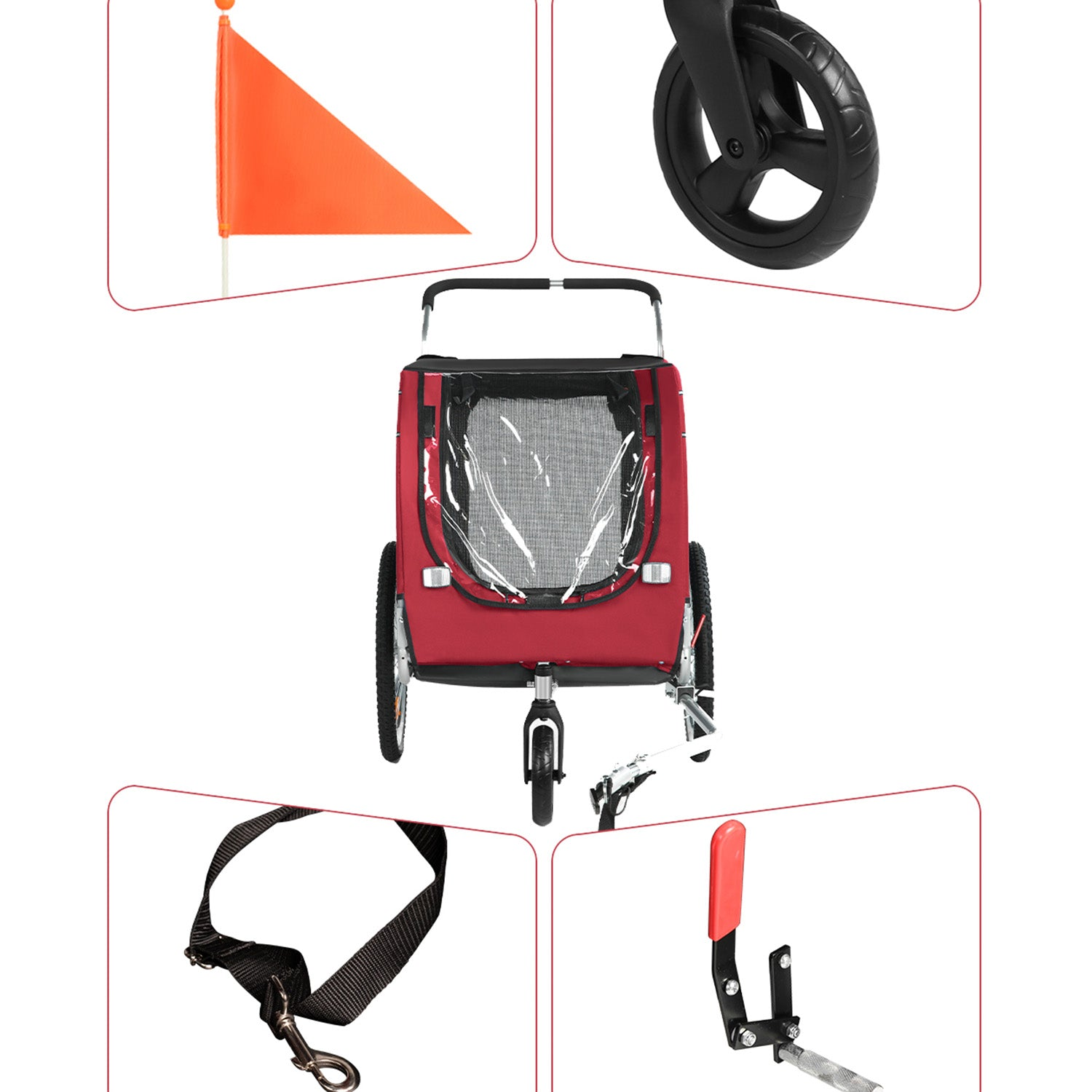 Remolque rojo para mascotas con accesorios como bandera, rueda delantera, correa y soporte sobre fondo blanco.
