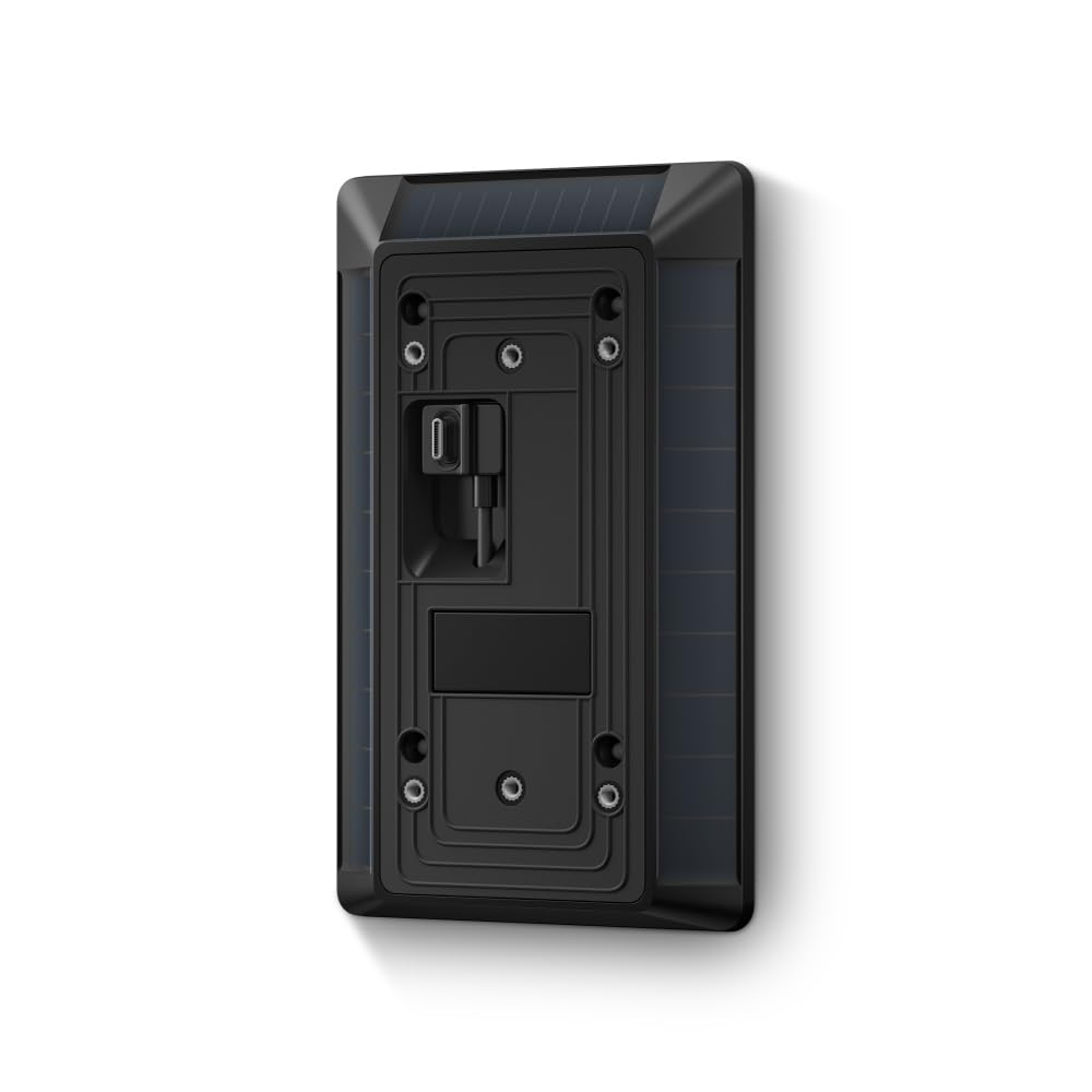 Schwarze Solar-Wandhalterung mit integriertem USB-C-Kabel und Schrauben.