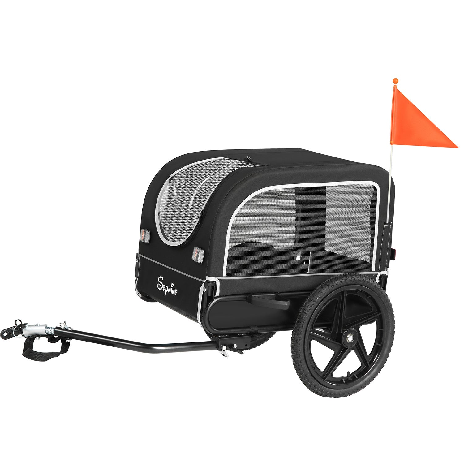 Remolque de bicicleta para mascotas negro con ventanas de malla, ruedas, barra de tiro y bandera de seguridad.