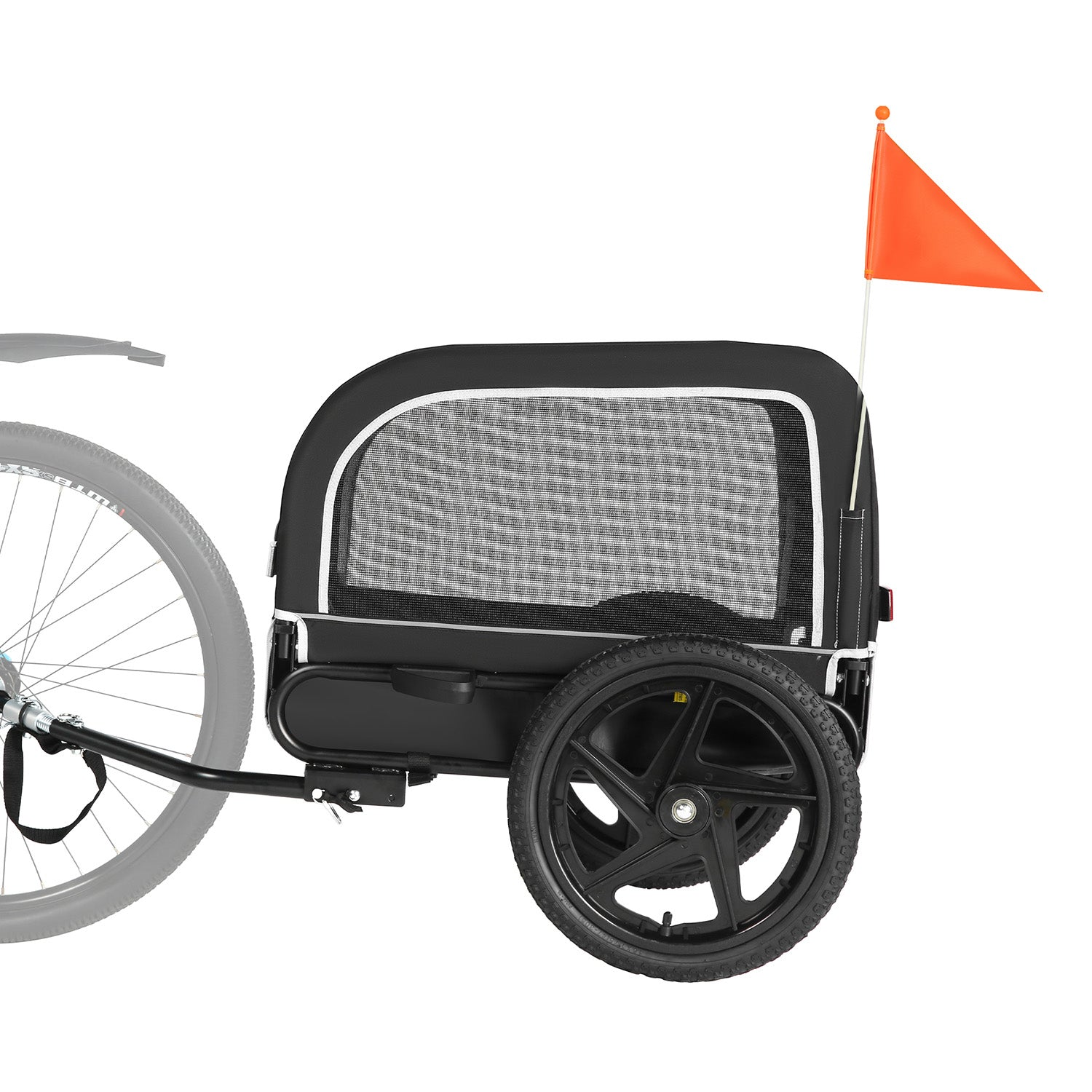Un remolque de bicicleta negro para mascotas con una gran ventana de malla y una bandera naranja.