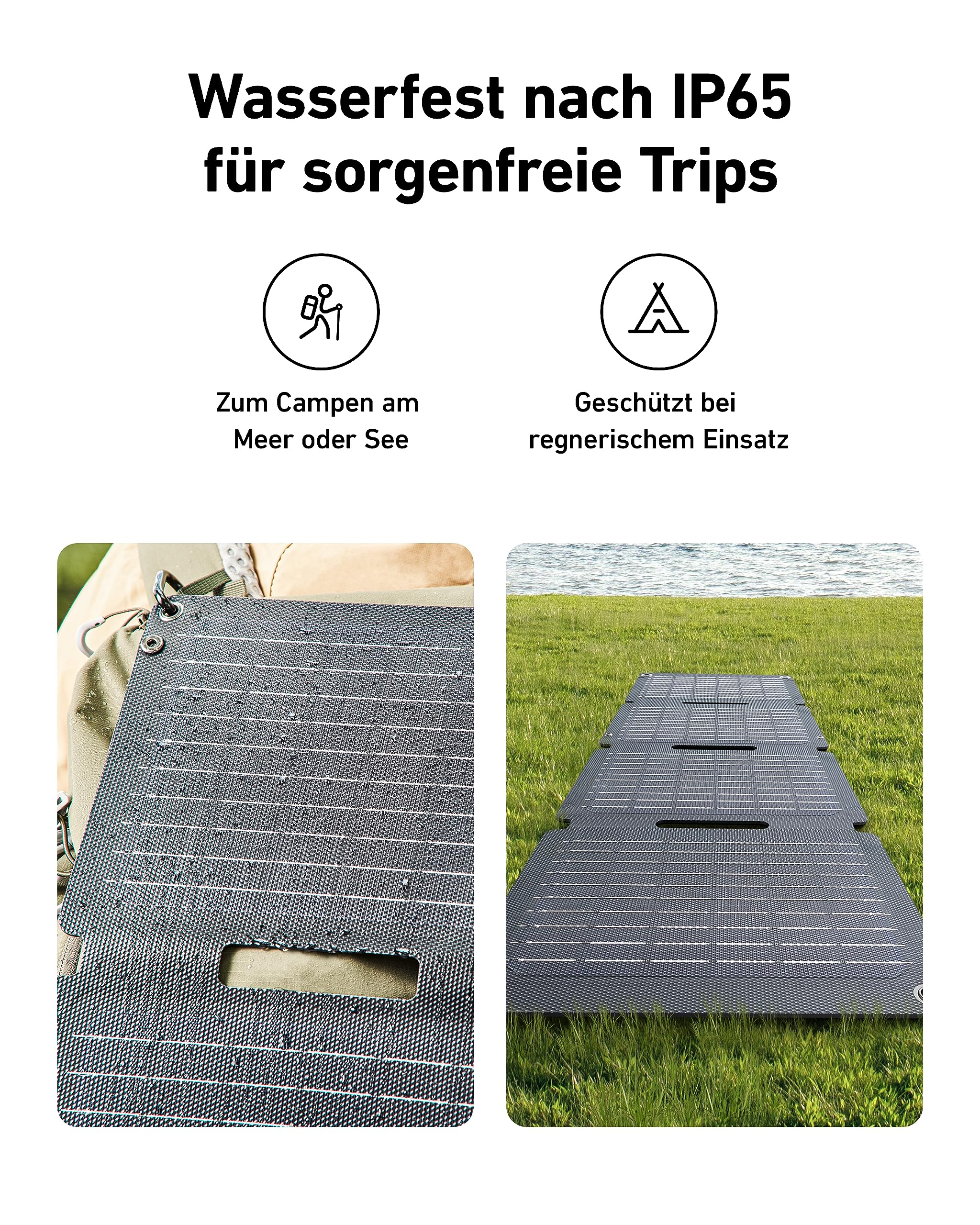 Pannello solare impermeabile IP65 per campeggio, su zaino e prato vicino all'acqua.