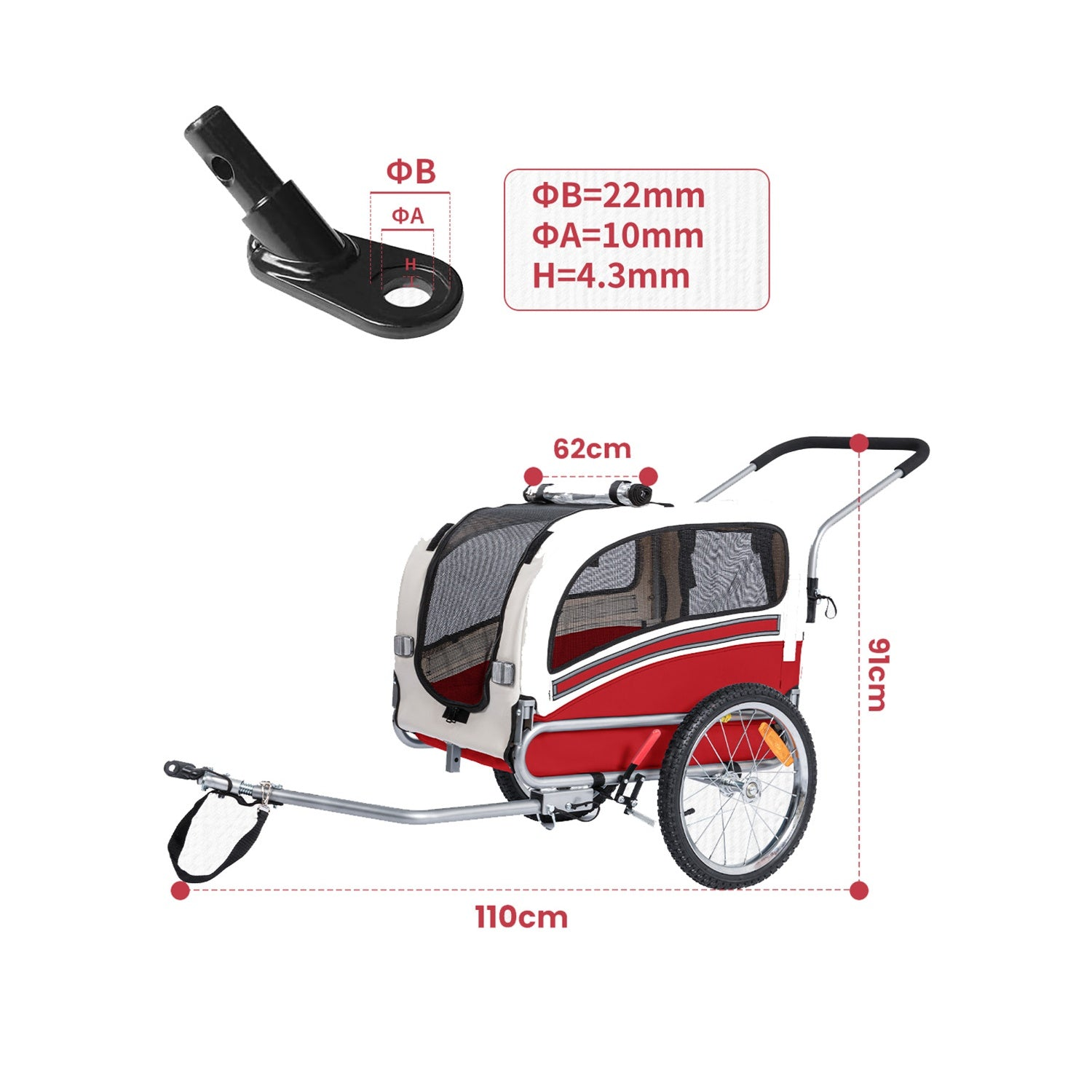Remolque de bicicleta rojo y blanco para mascotas con medidas.
