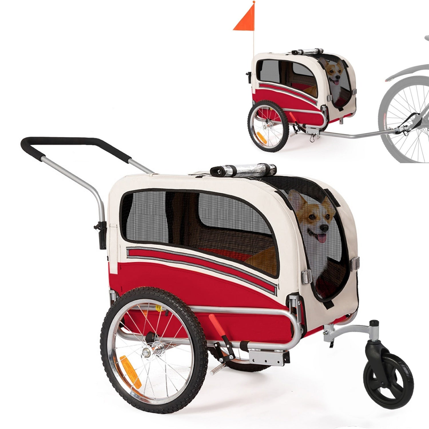 Un remolque rojo y beige para mascotas, convertido en carrito con un perro dentro.