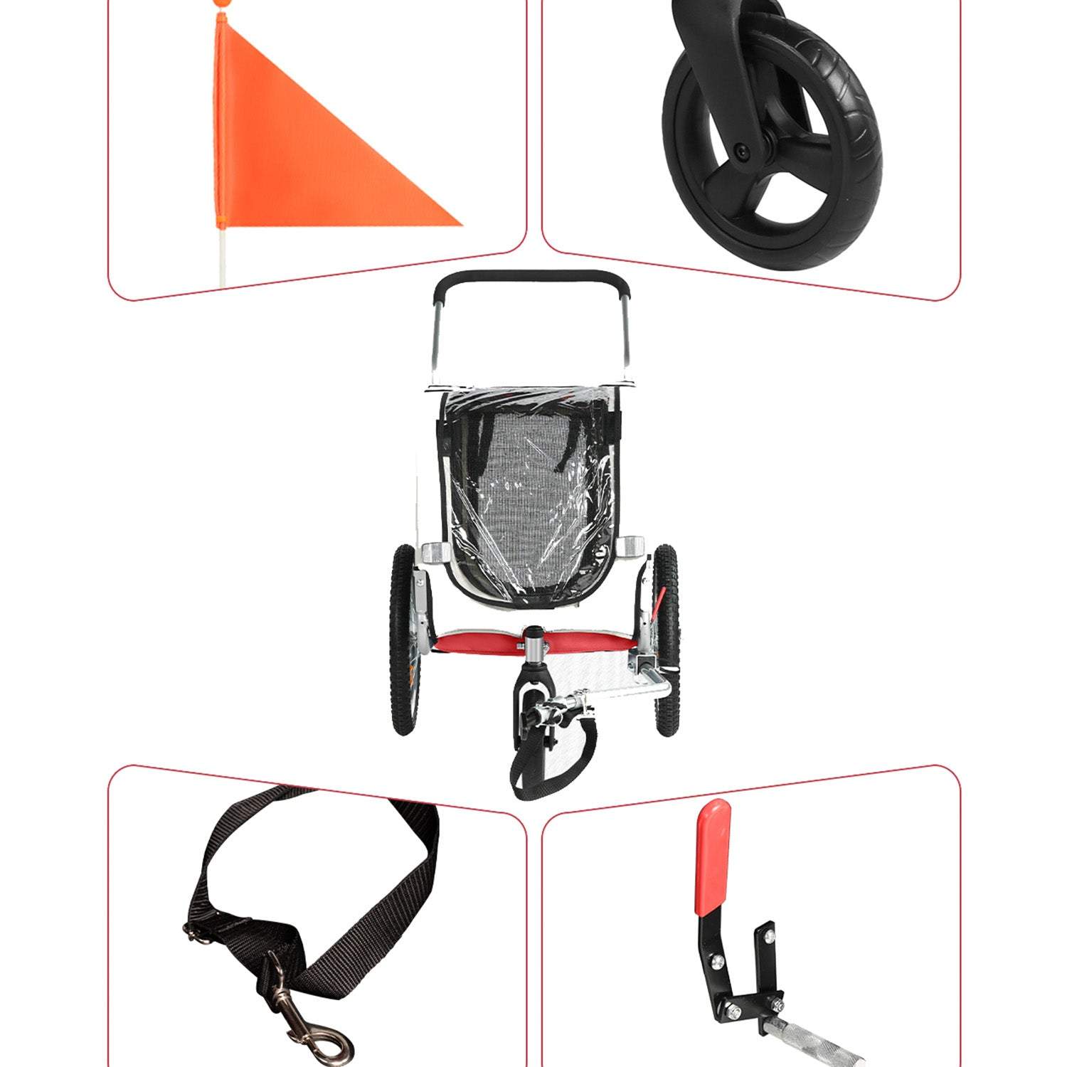 Un remolque de bicicleta con detalles: bandera naranja, ruedas, correa y palanca roja.