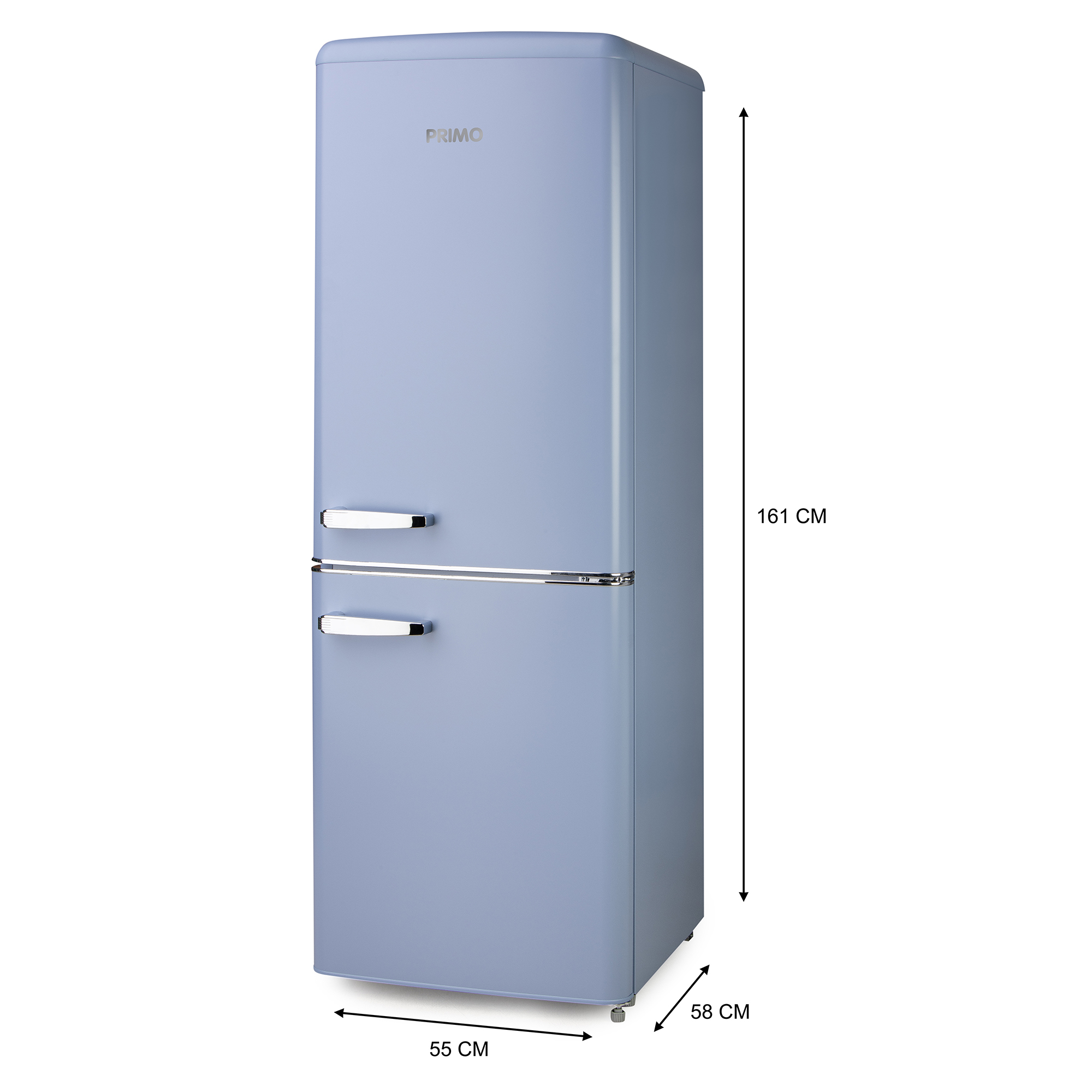 A blue retro refrigerator with chrome handles and dimension labels: 161 cm high, 55 cm wide, 58 cm deep.