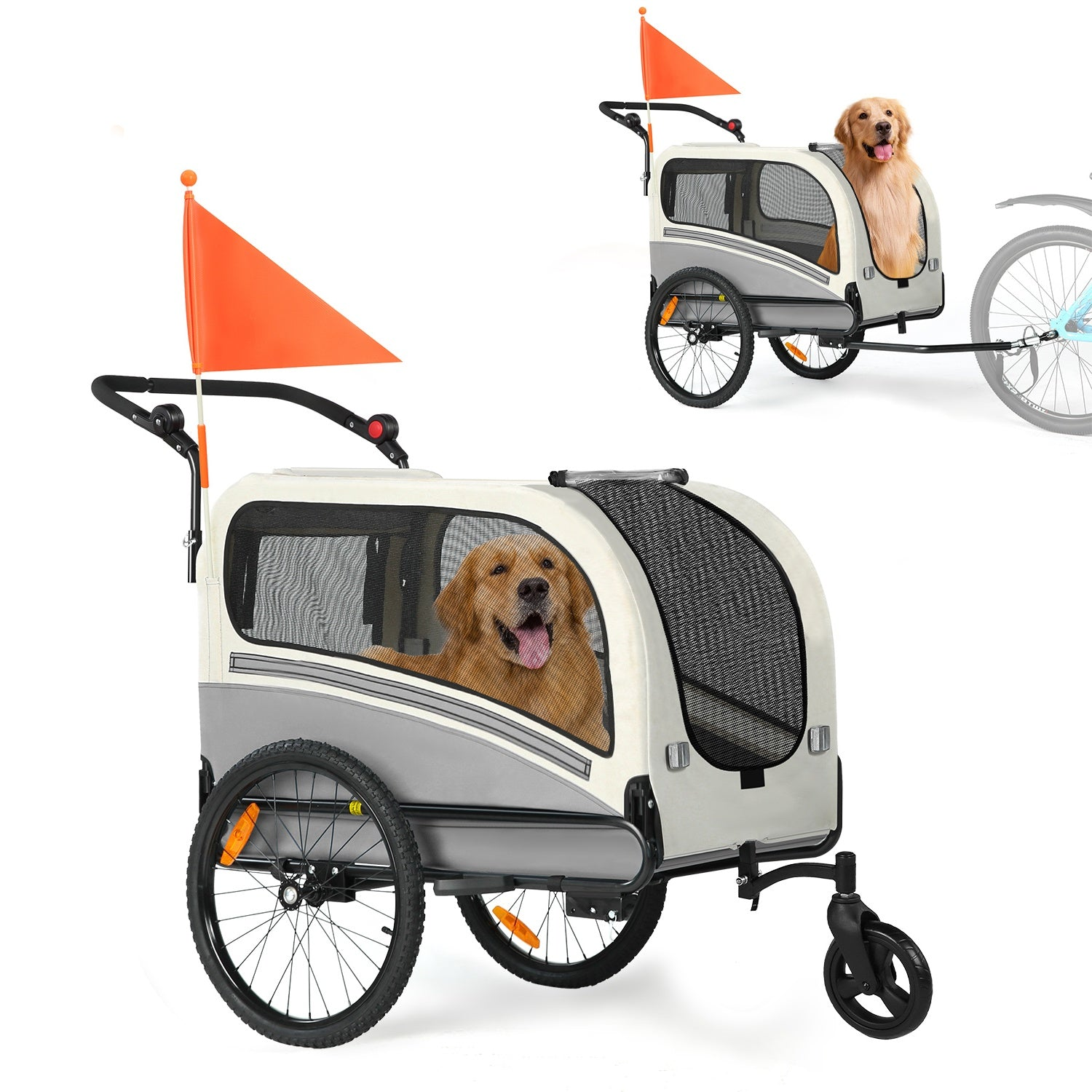 Un golden retriever sentado dentro de un remolque para mascotas gris claro y crema con bandera naranja.