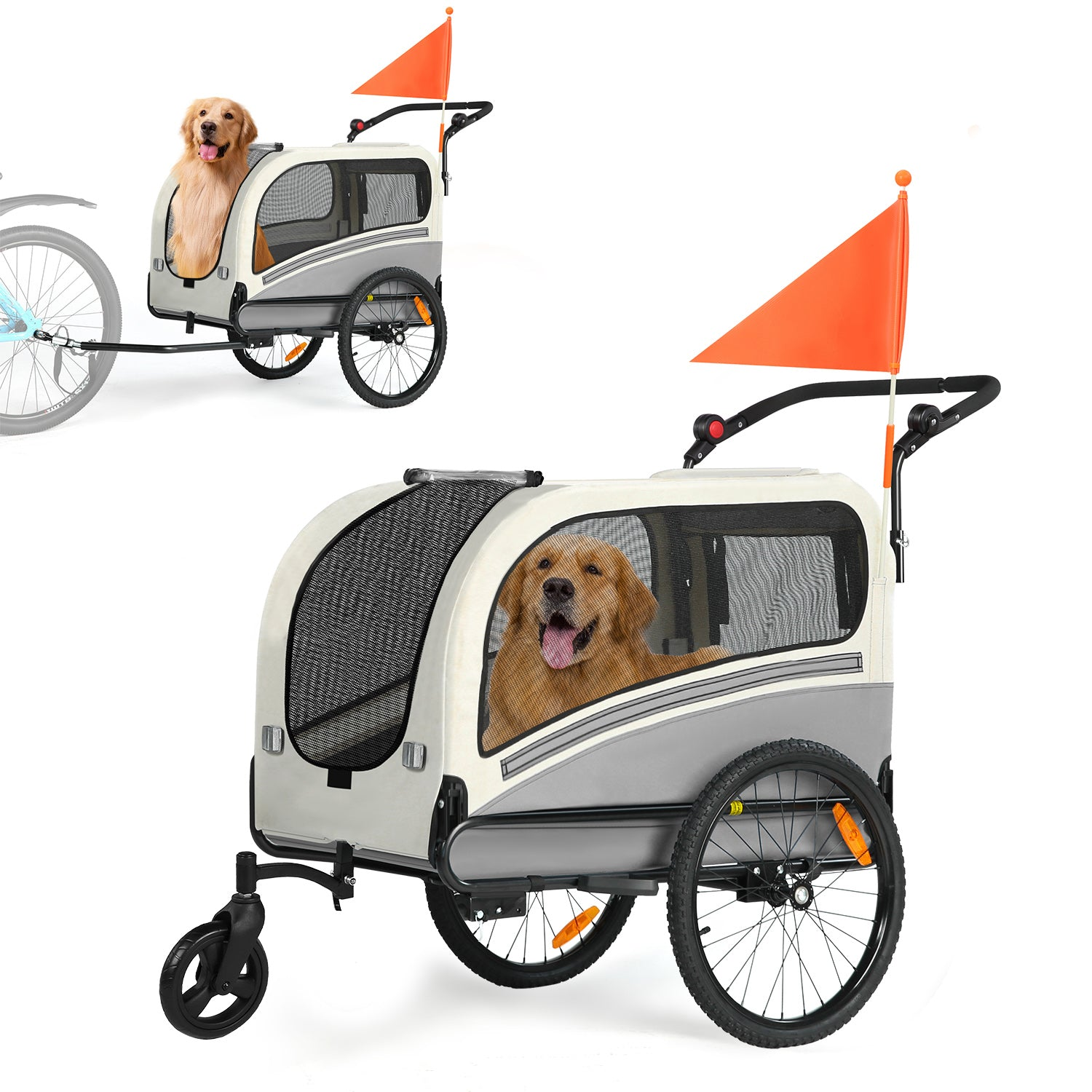 Un golden retriever feliz sentado dentro de un remolque para mascotas gris y beige con bandera naranja.