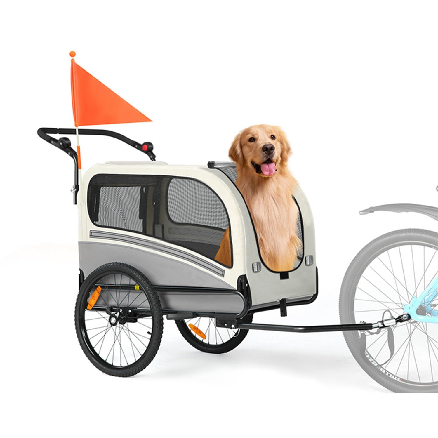 Un golden retriever sentado dentro de un remolque para mascotas gris y blanco con bandera naranja sobre fondo blanco.