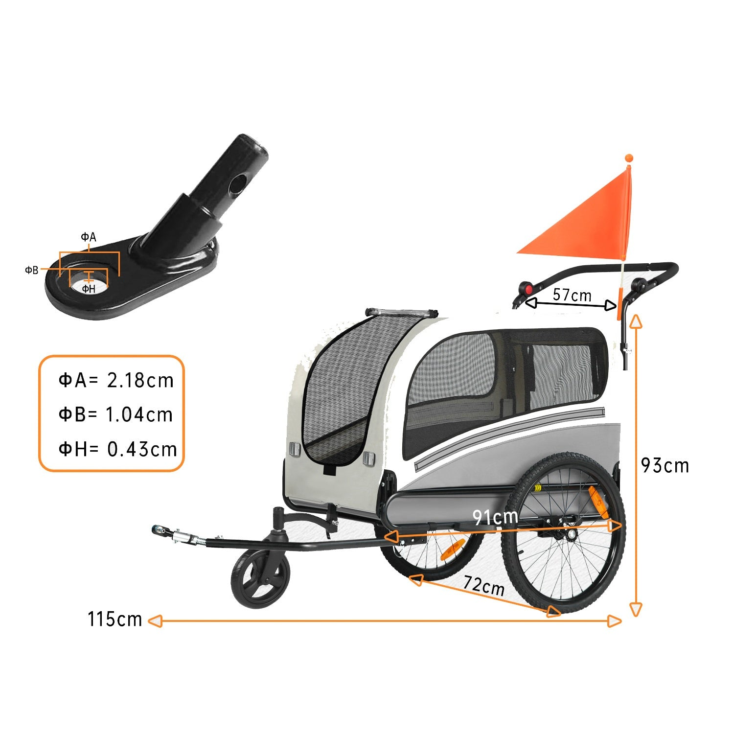 Remolque para mascotas gris y blanco con dimensiones, bandera de seguridad naranja y detalle del enganche.