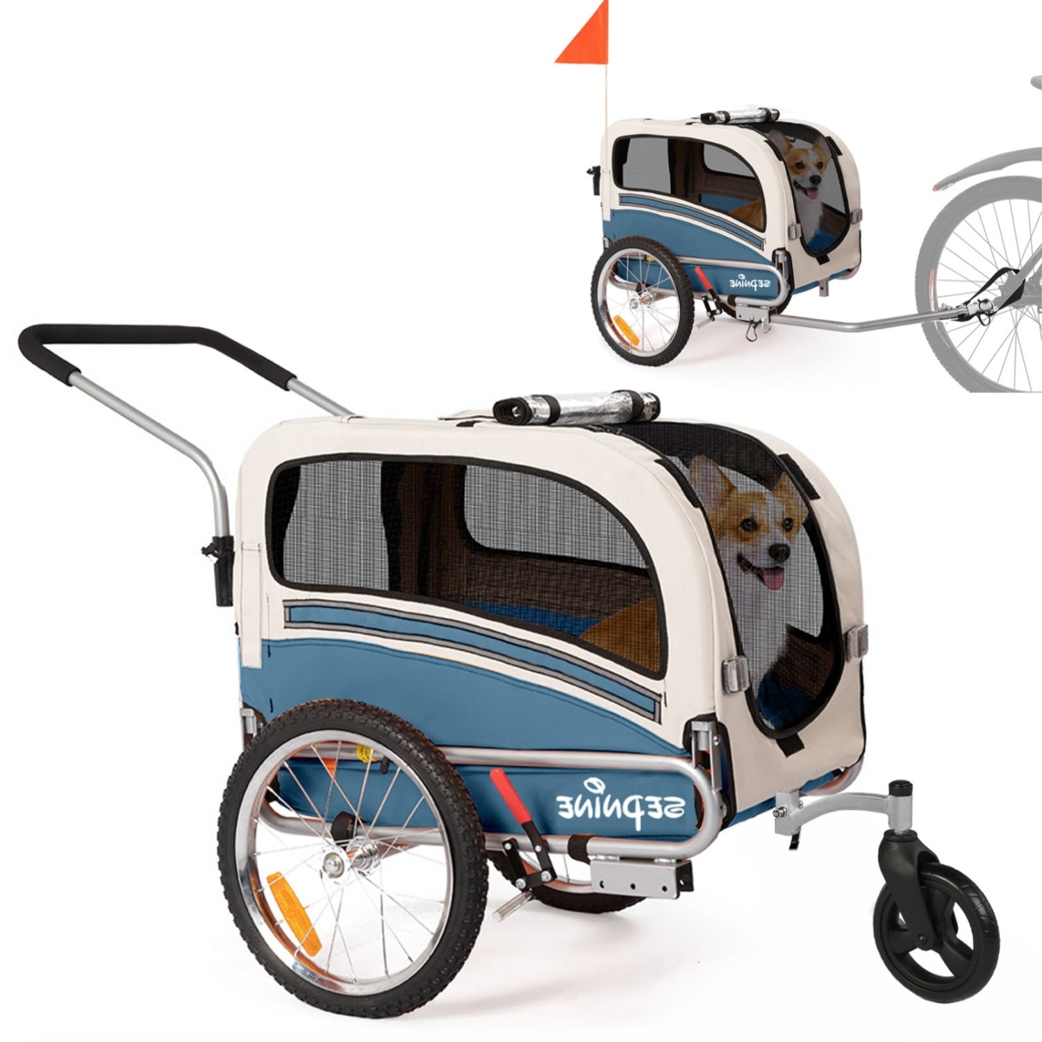 Un carrito para mascotas azul y blanco con un perro, utilizable como carrito o remolque.