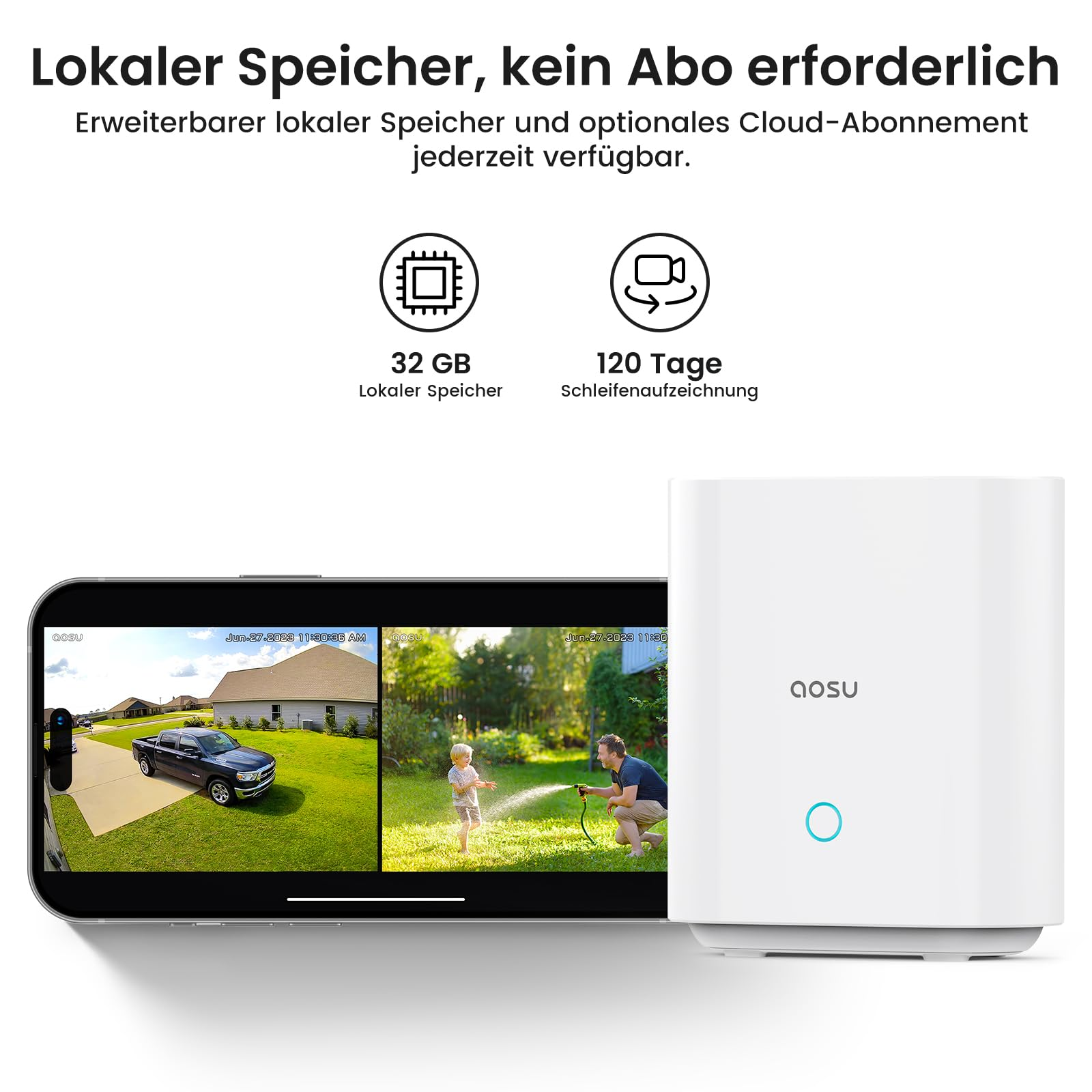 Graphique montrant le stockage local de 32 Go et la vue de la caméra sur smartphone.