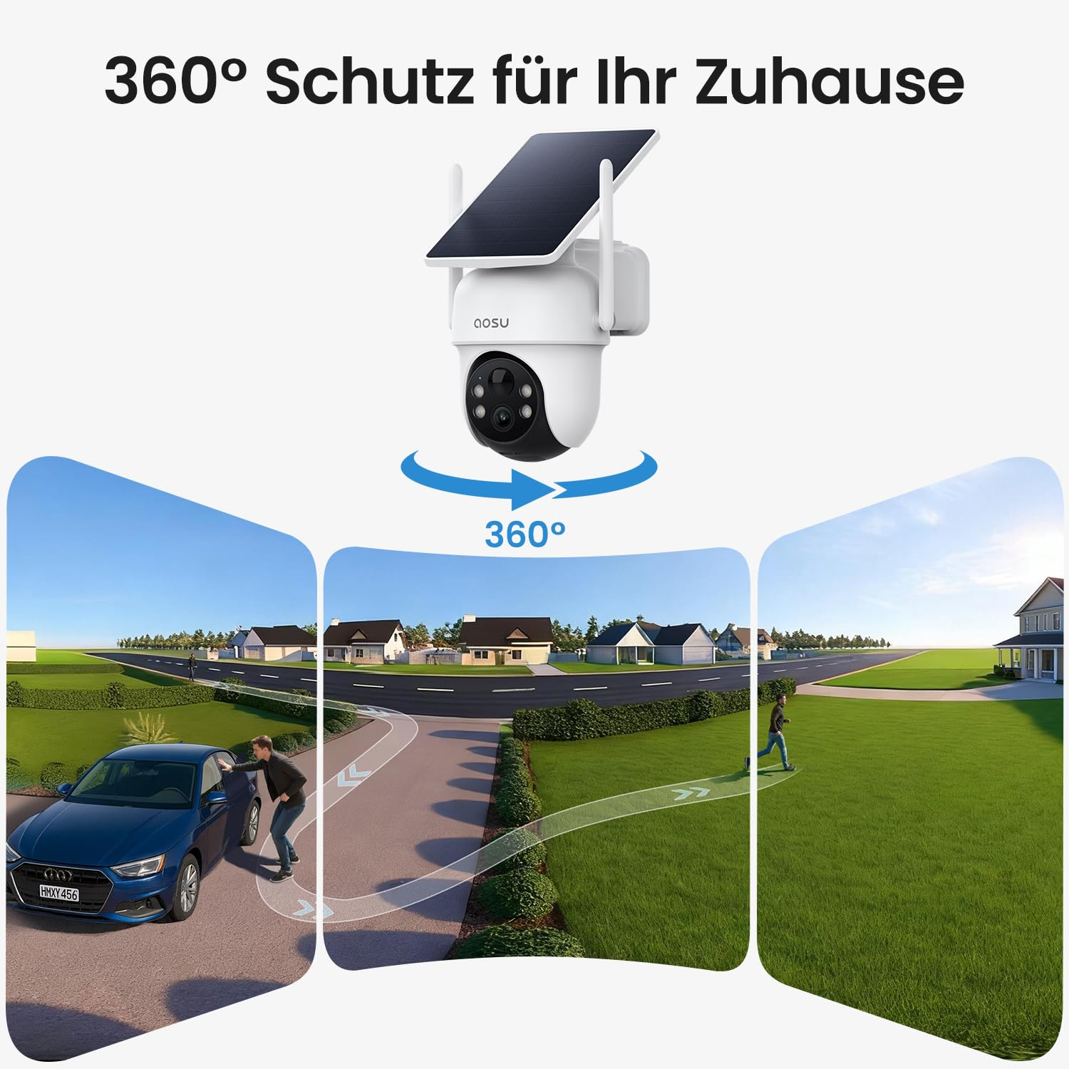 Une caméra de sécurité solaire à 360 degrés montrant des exemples de surveillance de voiture et de jardin.