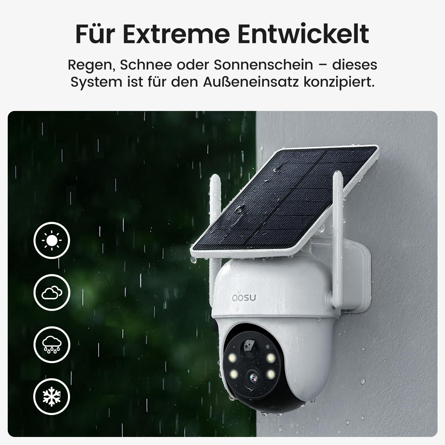Caméra de sécurité étanche avec panneau solaire montée sur un mur sous la pluie.