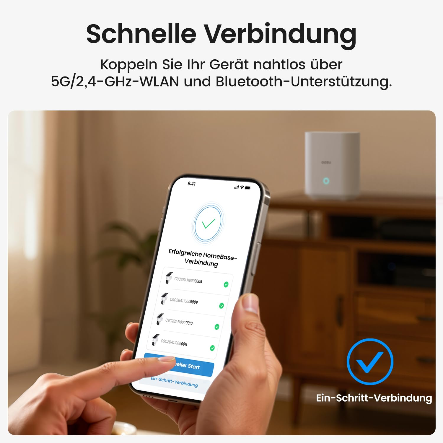 Un smartphone affiche une connexion HomeBase réussie, avec une station de base blanche sur un meuble en bois.