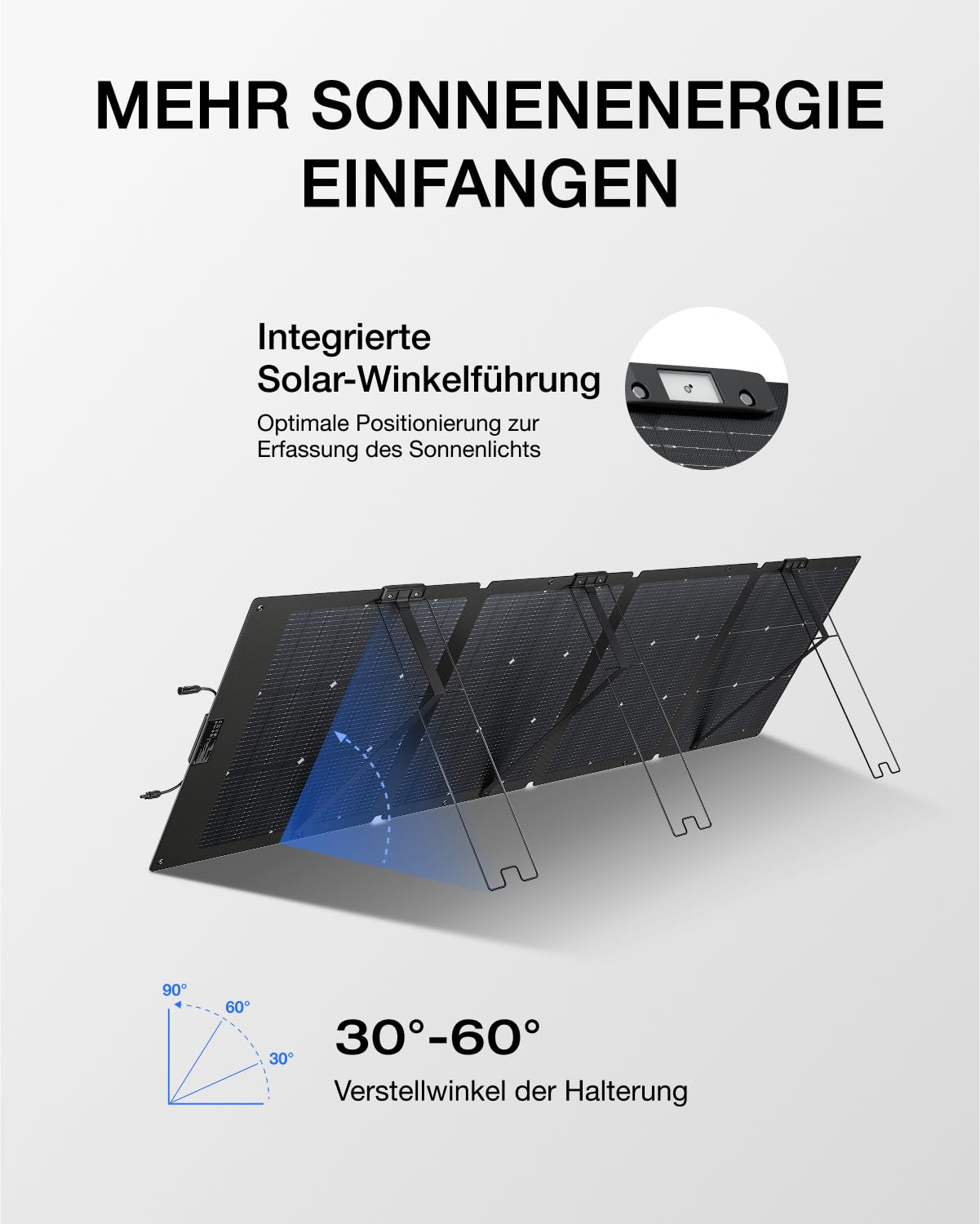 Faltbares Solarpanel mit verstellbaren Ständern zur optimalen Sonnenerfassung, mit Winkeln von 30 bis 60 Grad.