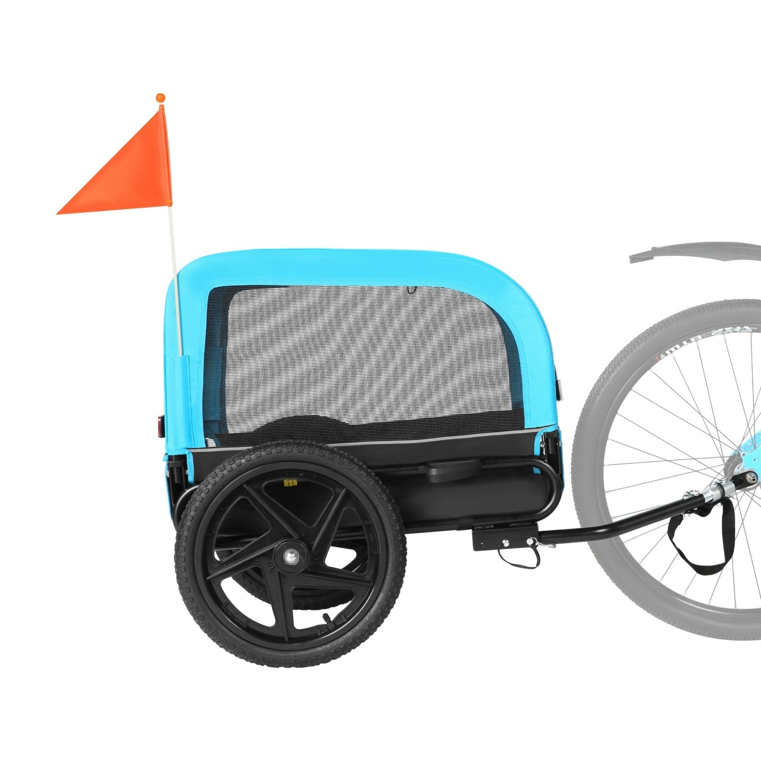 Un remolque para mascotas azul y negro con ventanas de malla y una bandera de seguridad naranja.