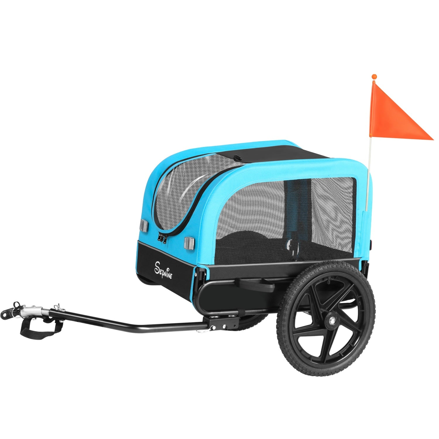 Un remolque de bicicleta para mascotas azul y negro con ruedas grandes y una bandera de seguridad naranja.