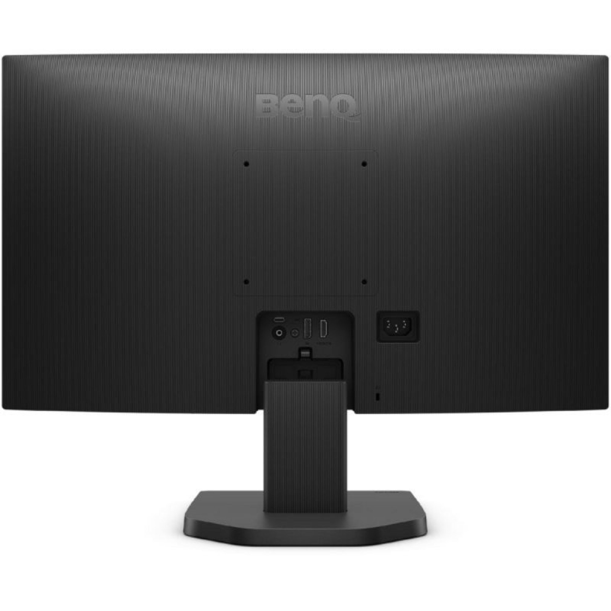 Rear view of a black BenQ monitor showing VESA mount holes, ports, and stand base.