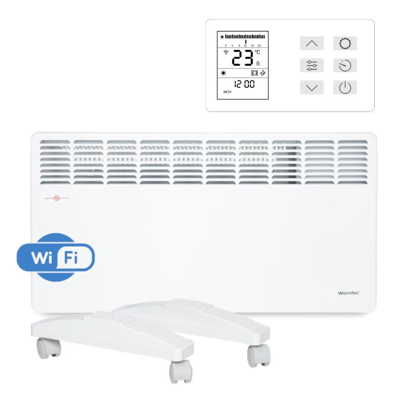 Biały grzejnik elektryczny z symbolem Wi-Fi i cyfrowym wyświetlaczem na kółkach.