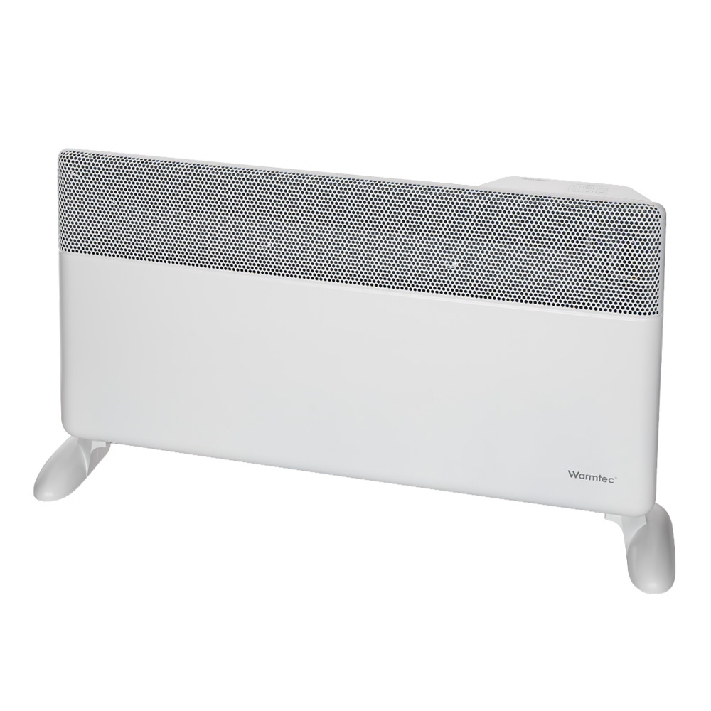 Biały grzejnik konwekcyjny Warmtec z nóżkami i górną kratką na białym tle.