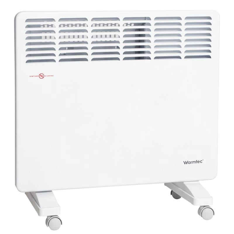 Biały grzejnik konwektorowy Warmtec z górnymi kratkami i kółkami na białym tle.