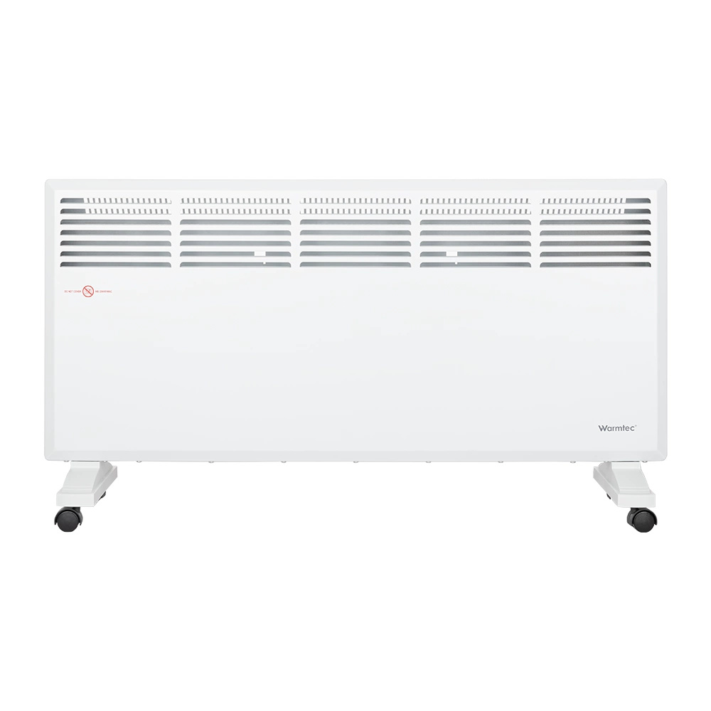 Biały grzejnik elektryczny Warmtec na kółkach na białym tle.