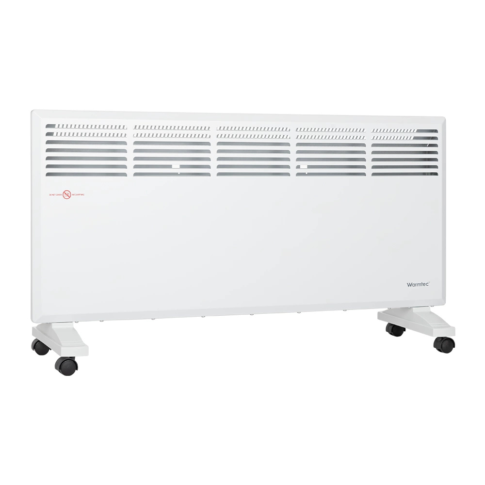 Biały grzejnik konwekcyjny Warmtec na kółkach stoi na białym tle.