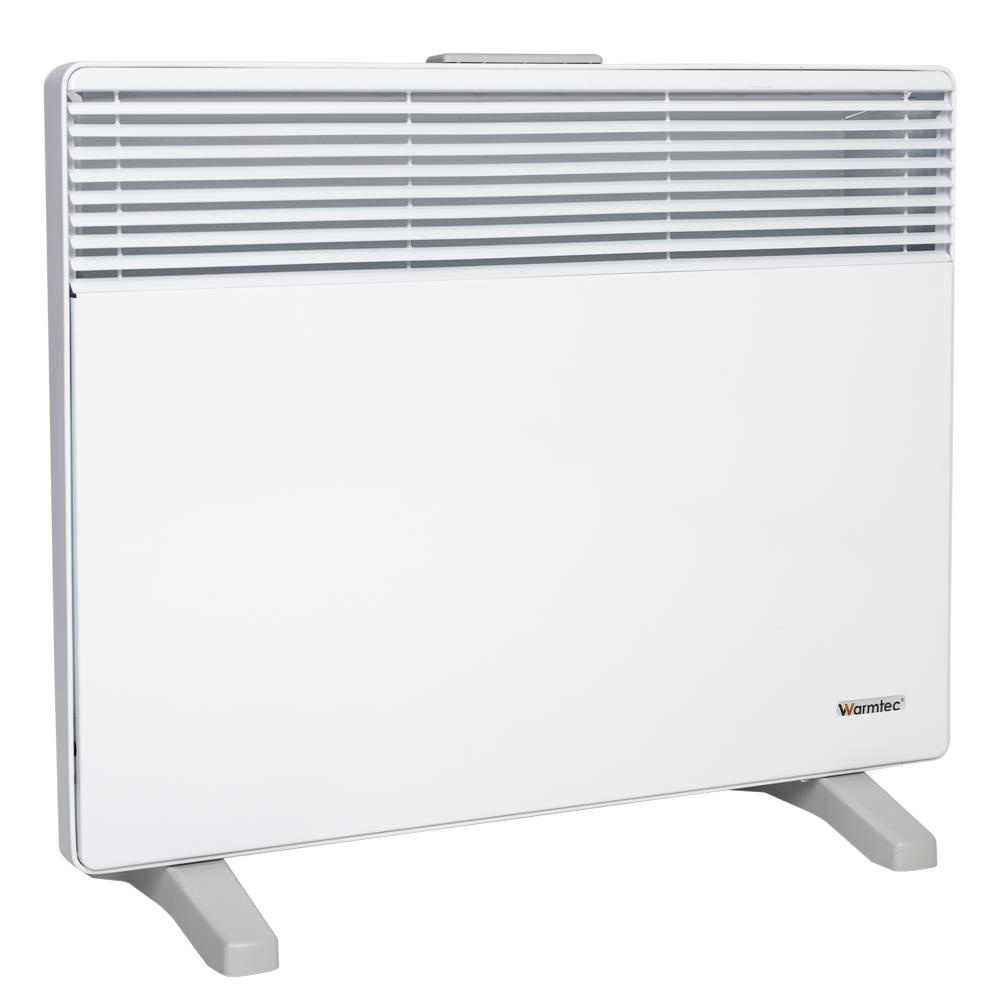 Biały grzejnik konwektorowy na szarych nóżkach, z kratką wentylacyjną u góry i logo Warmtec.