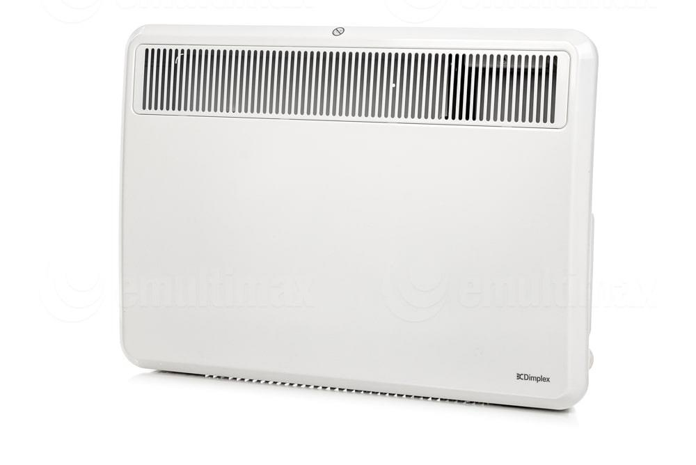 Biały grzejnik elektryczny Dimplex z szczelinami wentylacyjnymi i logo w prawym dolnym rogu.