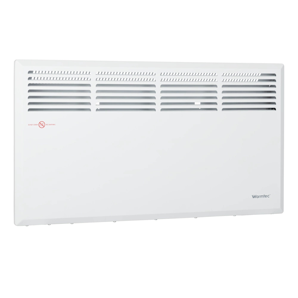 Biały grzejnik ścienny z górnymi szczelinami wentylacyjnymi i logo Warmtec.