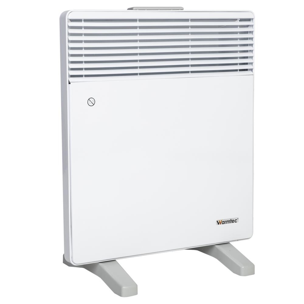Biały grzejnik konwektorowy z szarymi nóżkami i logo Warmtec na białym tle.