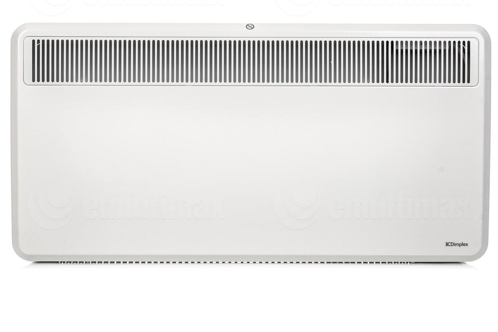 Biały grzejnik elektryczny Dimplex z poziomą kratką u góry, na gładkim białym tle.
