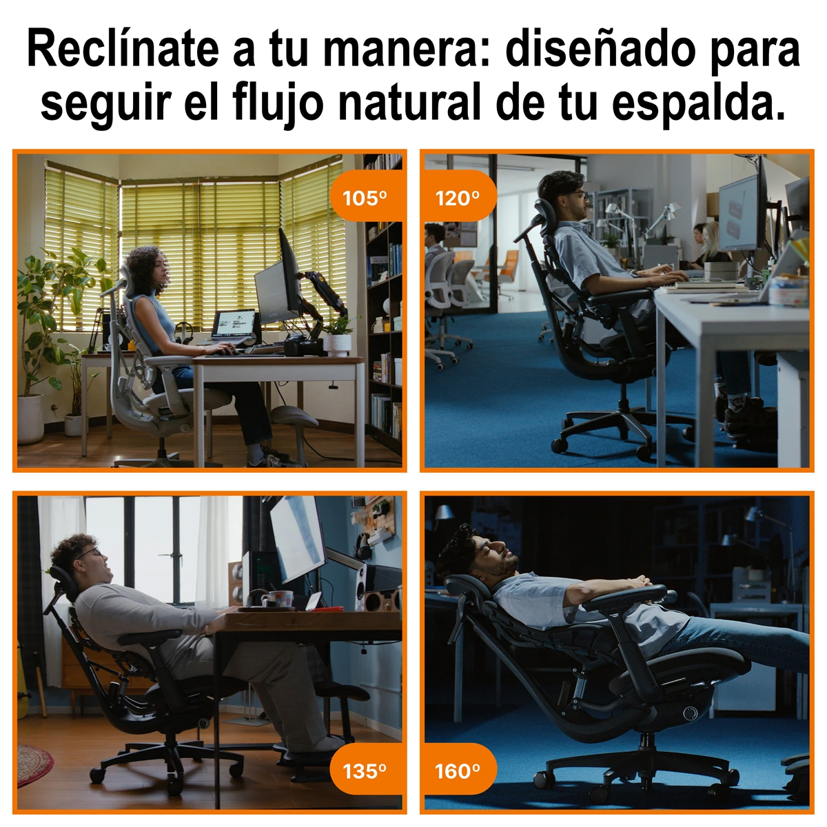 Cuatro imágenes muestran a personas en sillas de oficina ergonómicas en varios ángulos de reclinación.