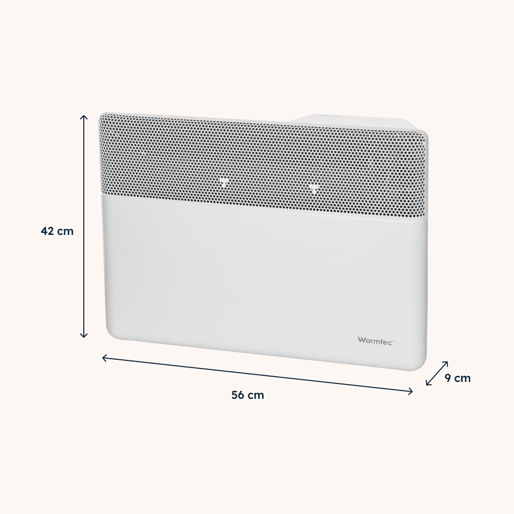 Biały konwektor  ścienny o wymiarach: 42 cm wysokości, 56 cm szerokości i 9 cm głębokości.