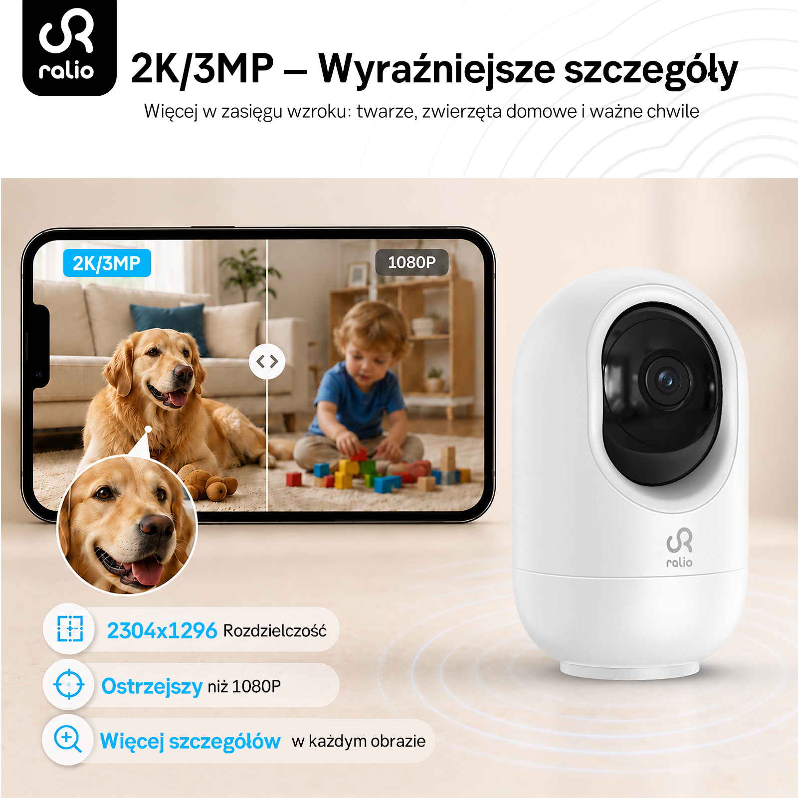 Biała kamera obok smartfona pokazującego porównanie rozdzielczości 2K i 1080p.