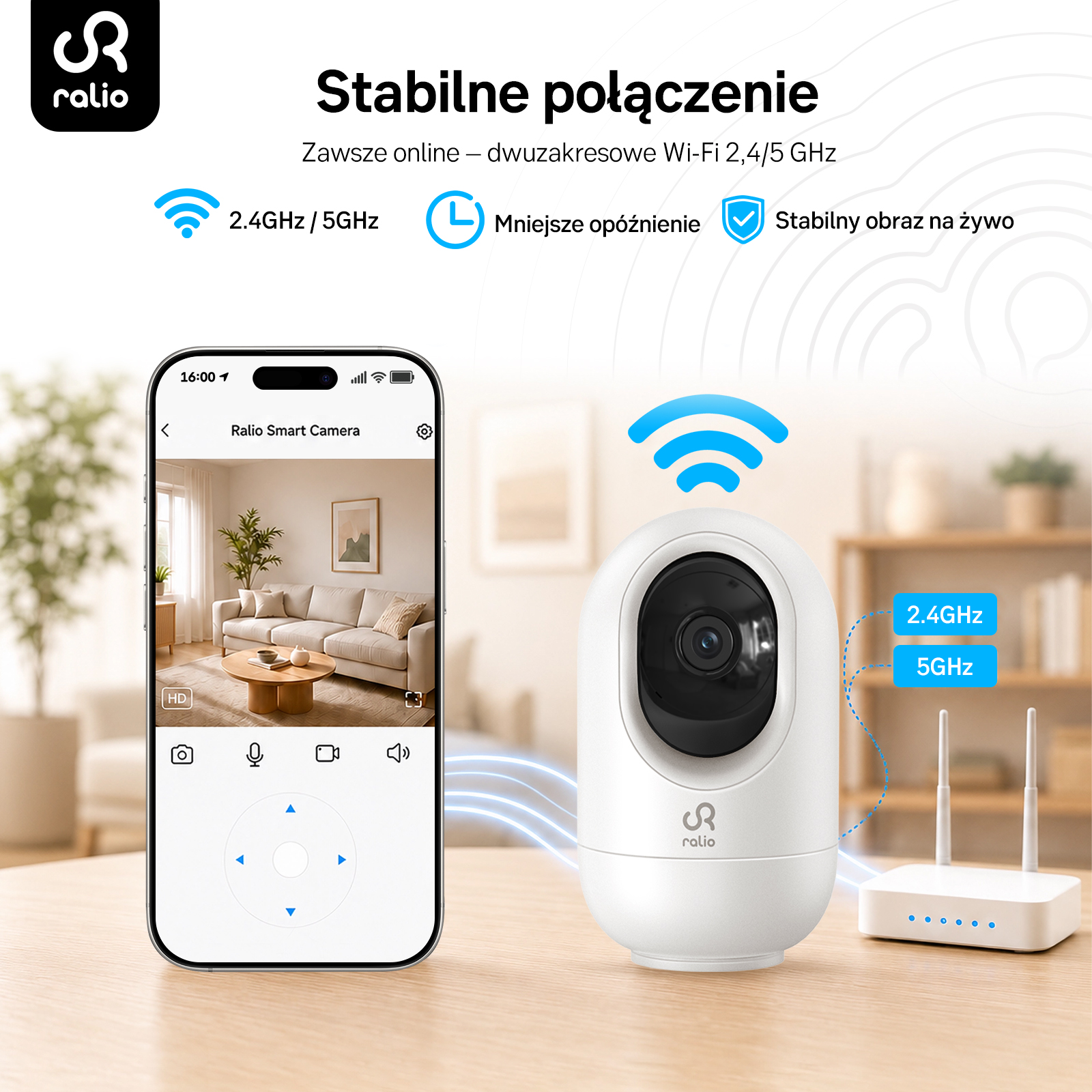 Smartfon, biała kamera bezpieczeństwa i router na drewnianym stole z tekstem o stabilnym Wi-Fi.