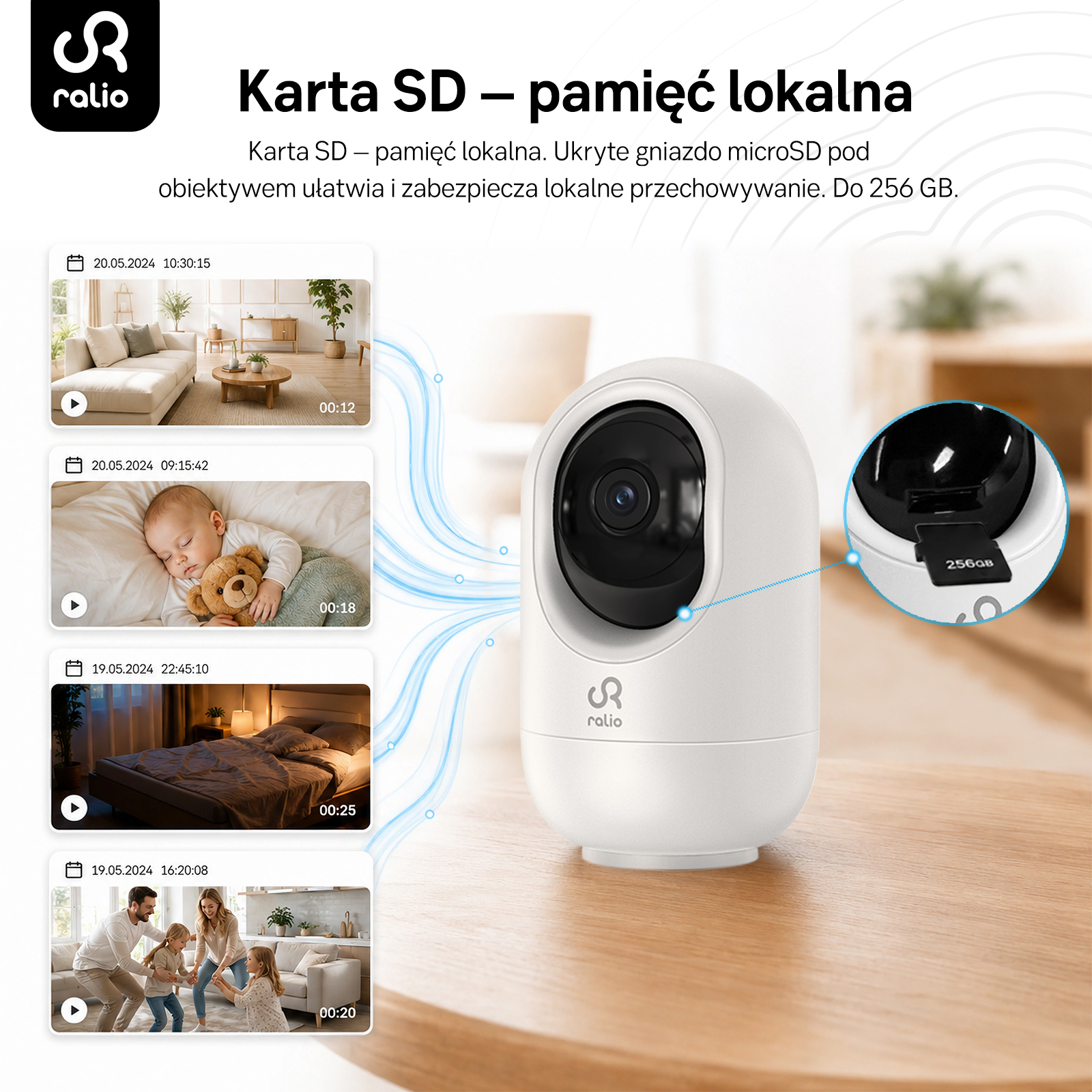 Biała kamera bezpieczeństwa z gniazdem kart SD i przykładami.