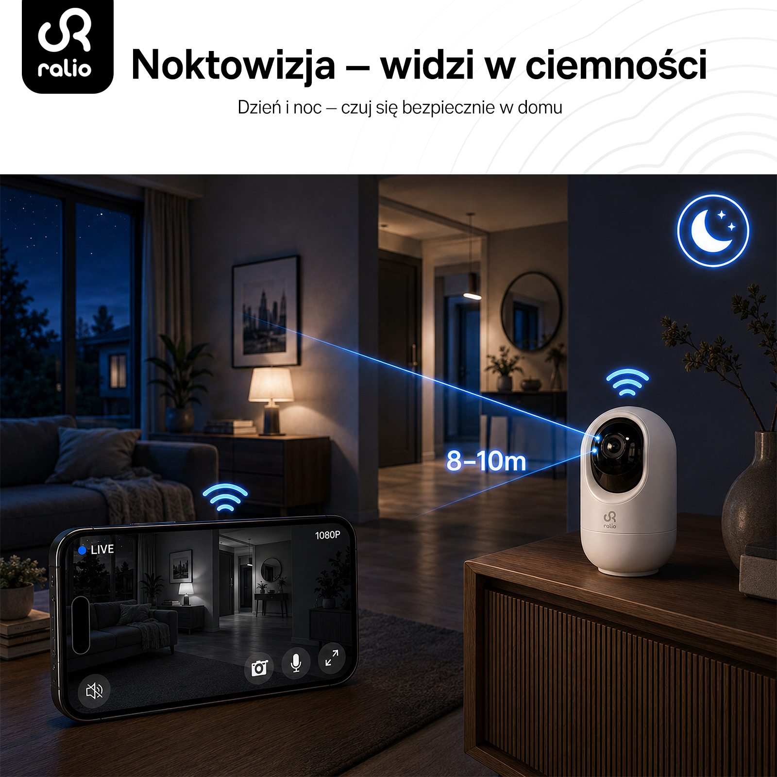 Biała kamera bezpieczeństwa na drewnianym stole wyświetla obraz noktowizyjny na smartfonie.