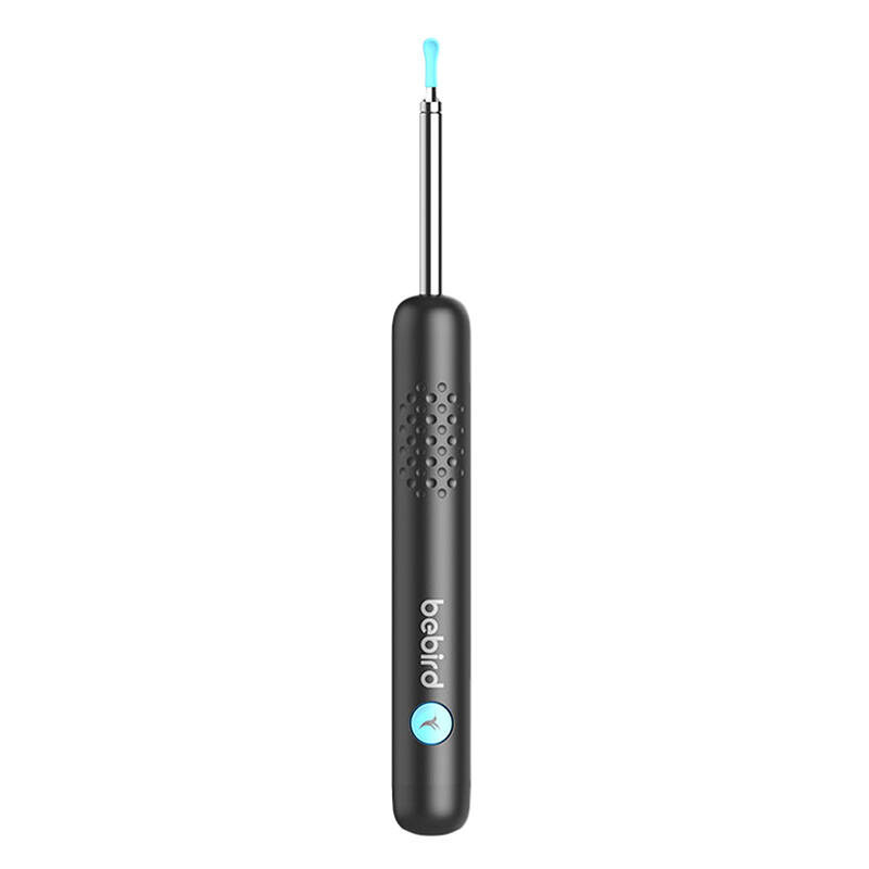 Ein schwarzer Bebird Ohrenreiniger mit blauem LED-Licht und Metallspitze auf weiÓem Hintergrund.