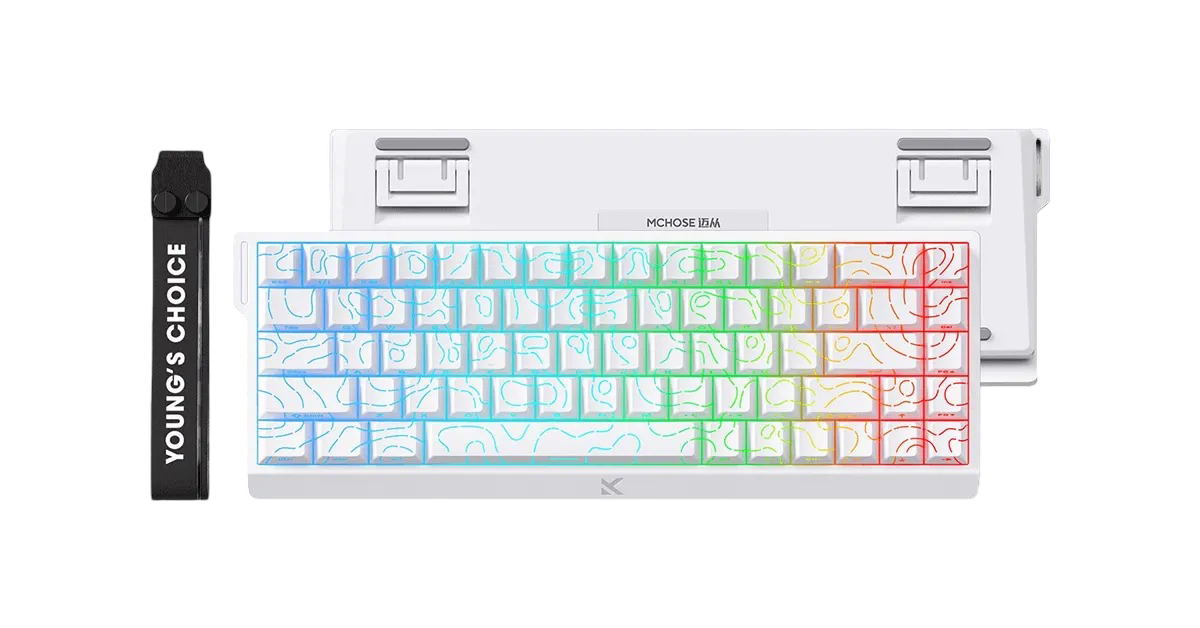 Biała klawiatura dla graczy z podświetleniem RGB, wzorem topograficznym i czarnym akcesorium.