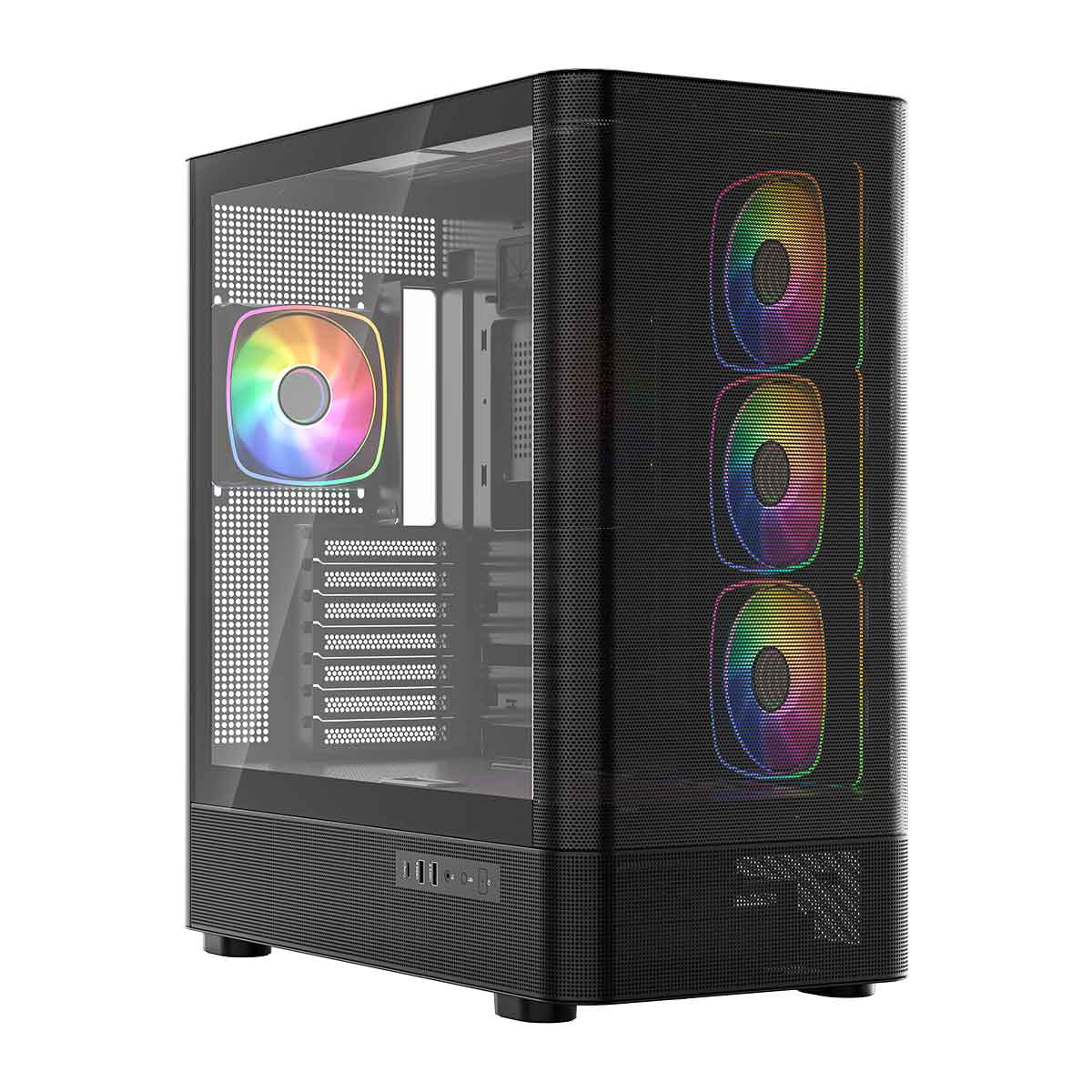 Czarna obudowa PC ze szklanym boku i kolorowymi wentylatorami RGB.