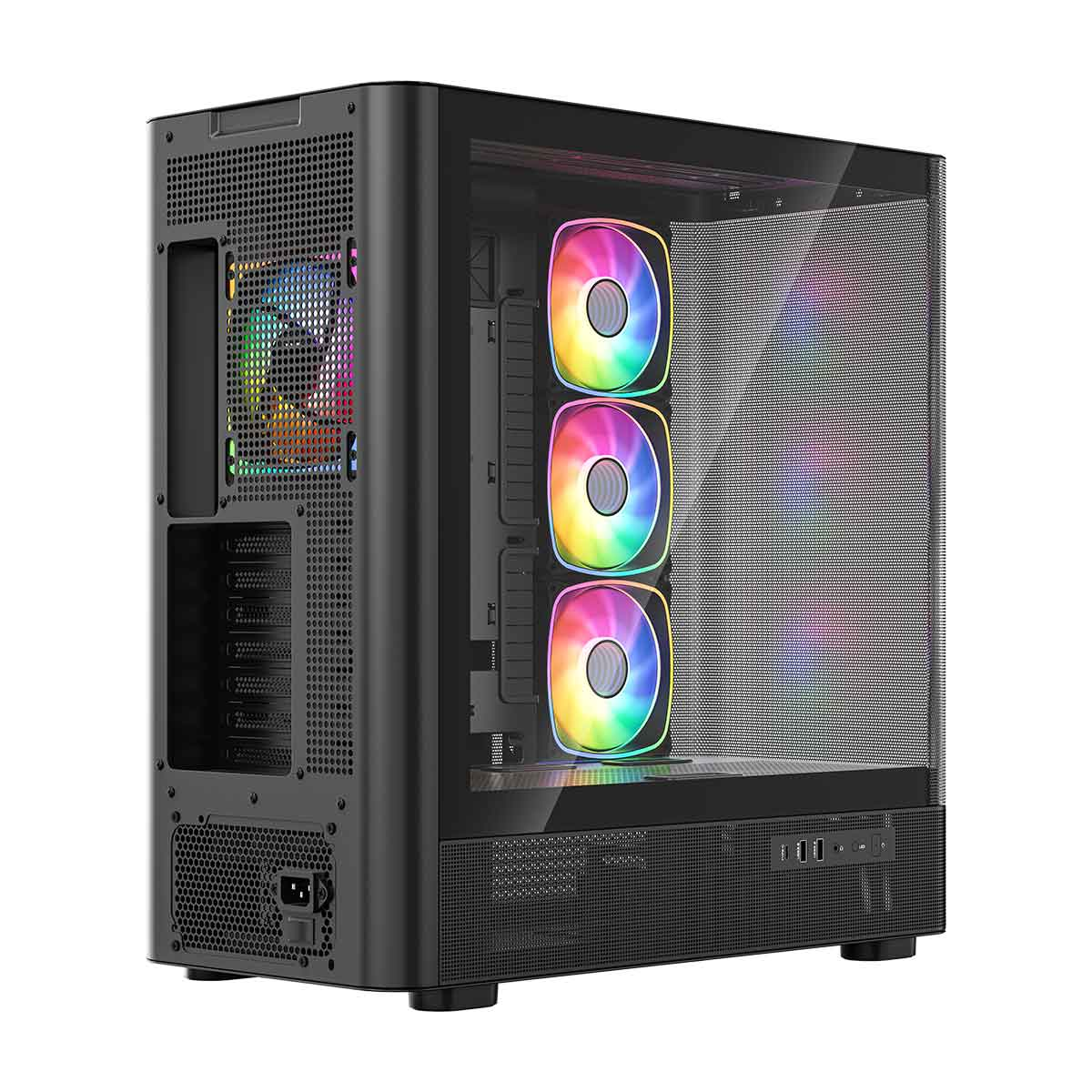 Czarna obudowa PC ze szklanym panelem i trzema wentylatorami RGB.