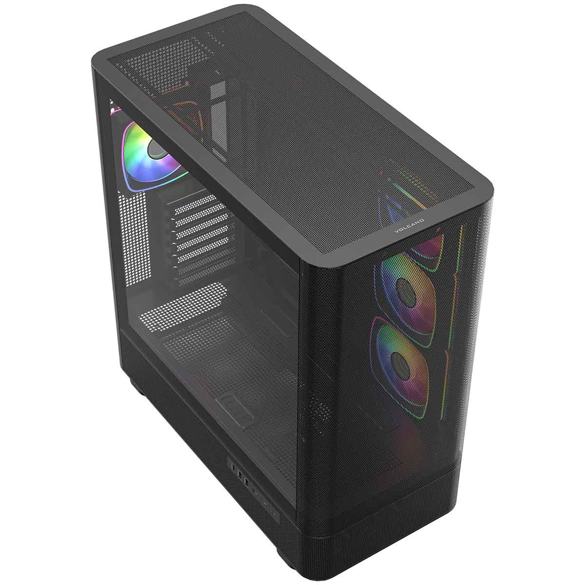 Czarna obudowa komputera z panelami z siatki i widocznymi wewnątrz kolorowymi wentylatorami RGB.