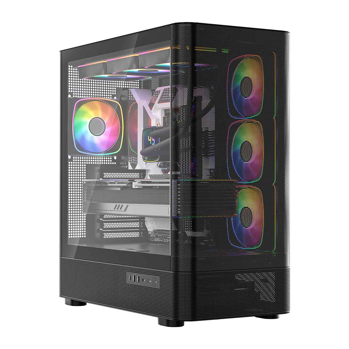 Czarna obudowa PC z szklanym panelem i kolorowymi wentylatorami RGB.
